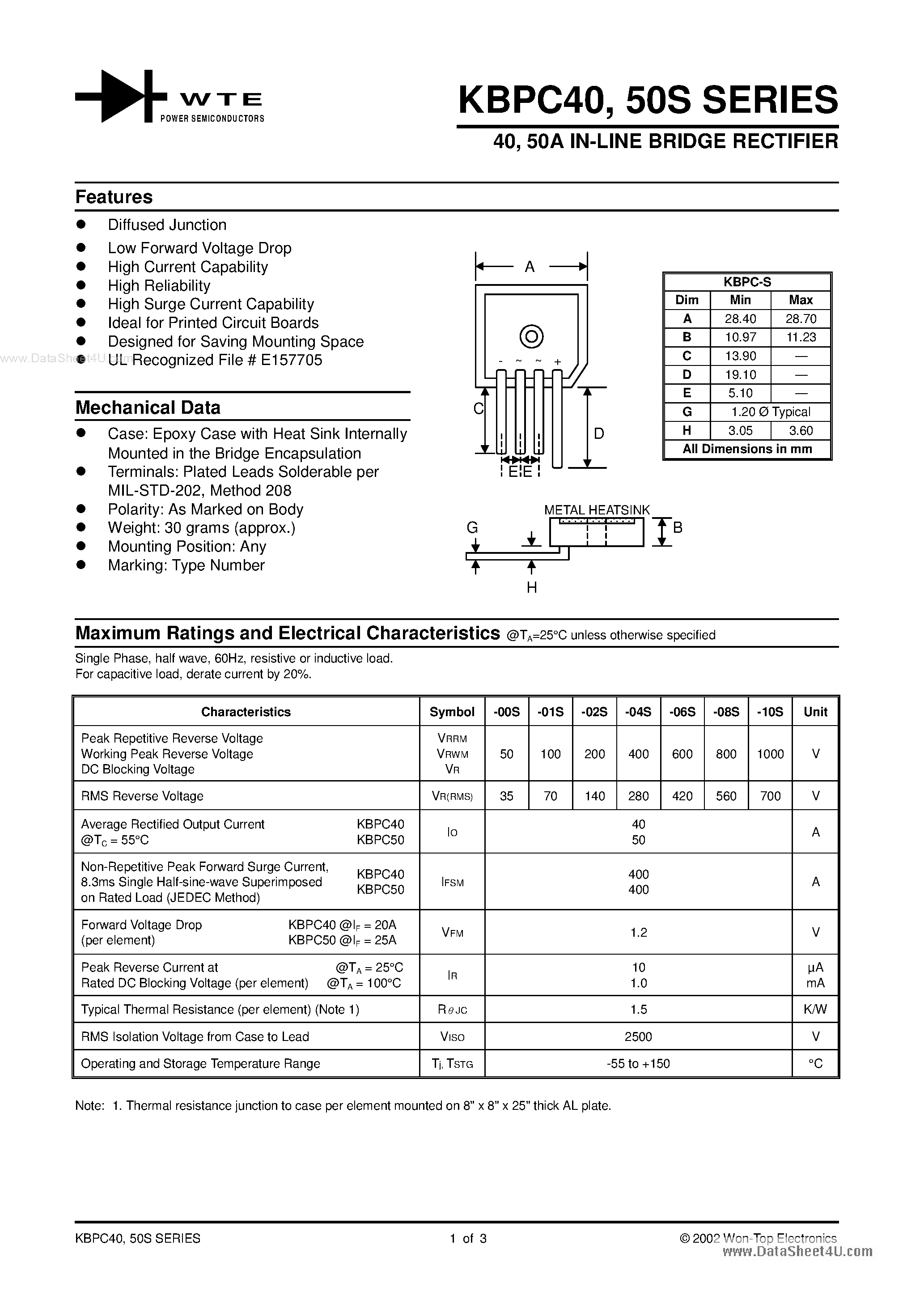 Datasheet KBPC40 page 1 Datasheet KBPC40 - (KBPC50 / KBPC40) Bridge Rectifiers page 1