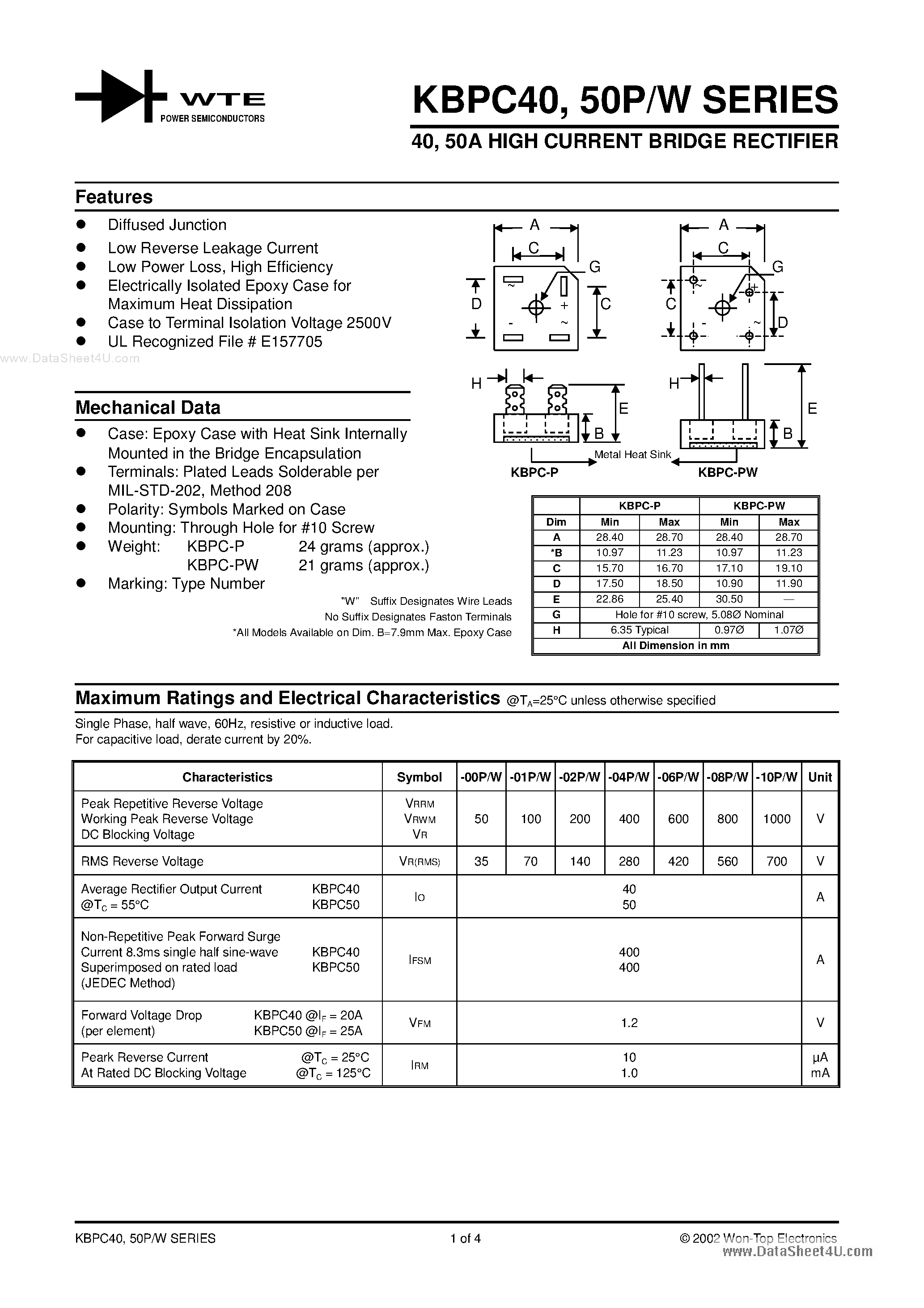 Datasheet KBPC50PW page 1 Datasheet KBPC50PW - Bridge Rectifiers page 1