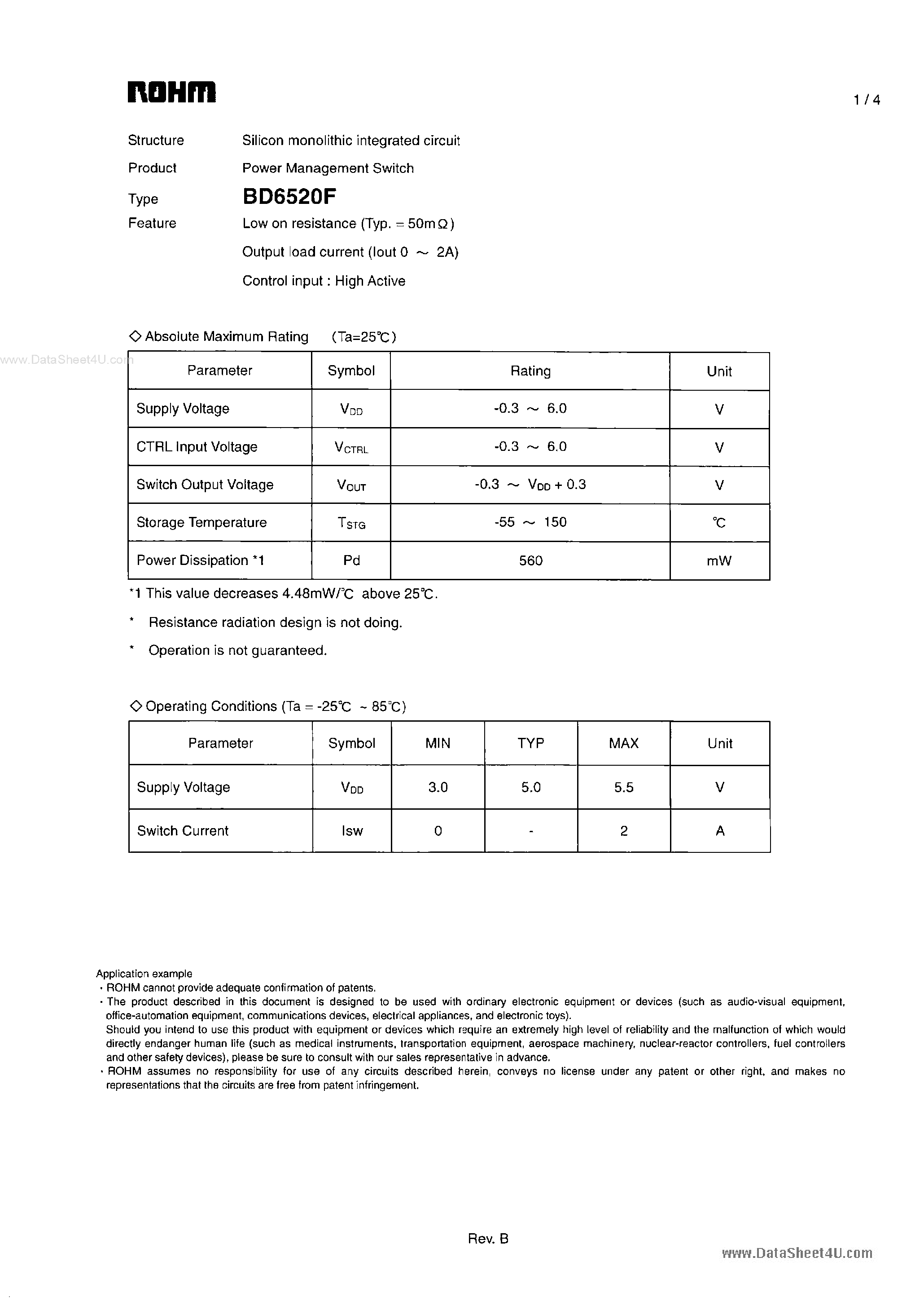 Даташит на микросхему BD6520F страница 1 Даташит BD6520F - Power Management Switch страница 1