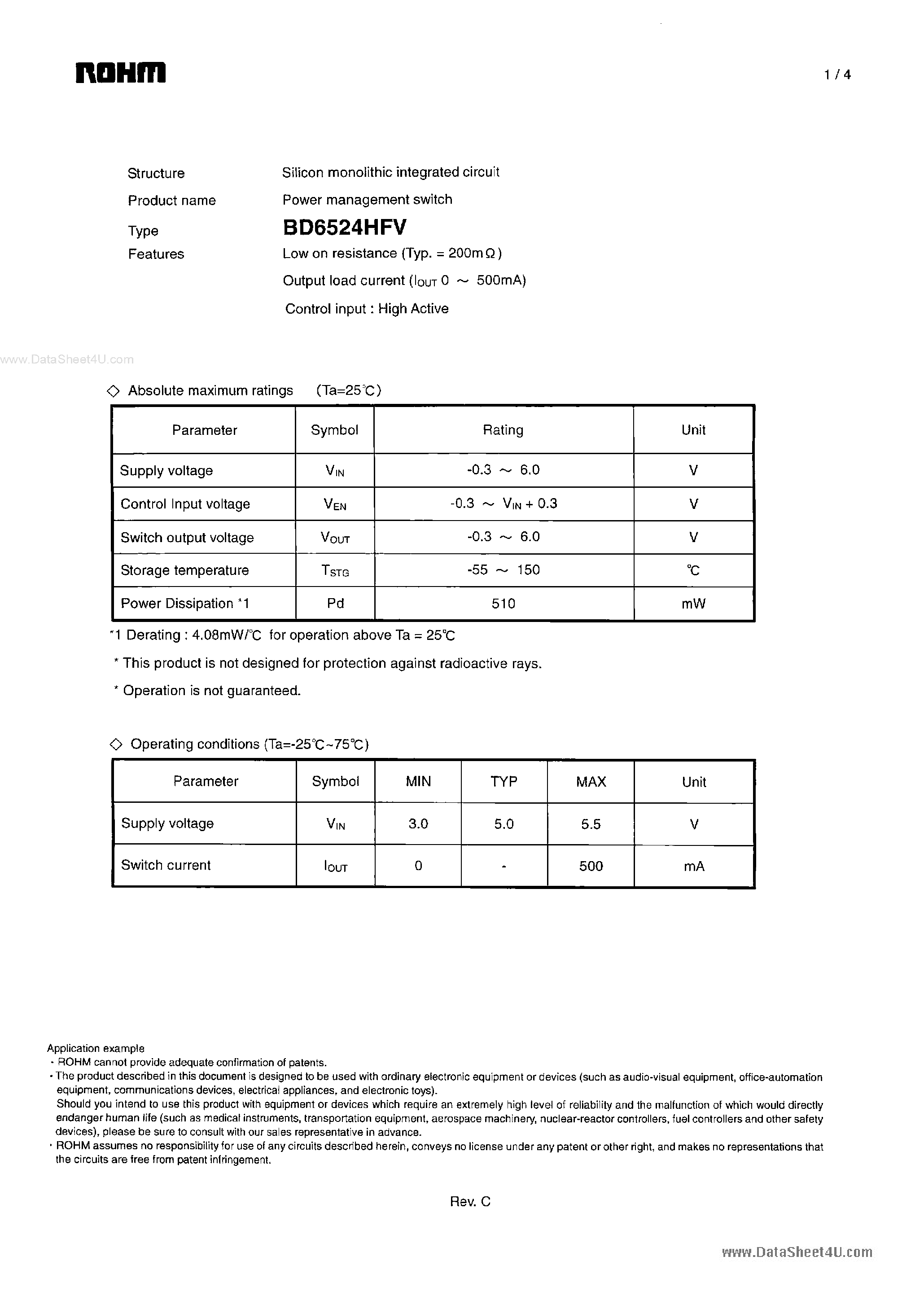 Даташит на микросхему BD6524HFV страница 1 Даташит BD6524HFV - Power Management Switch страница 1