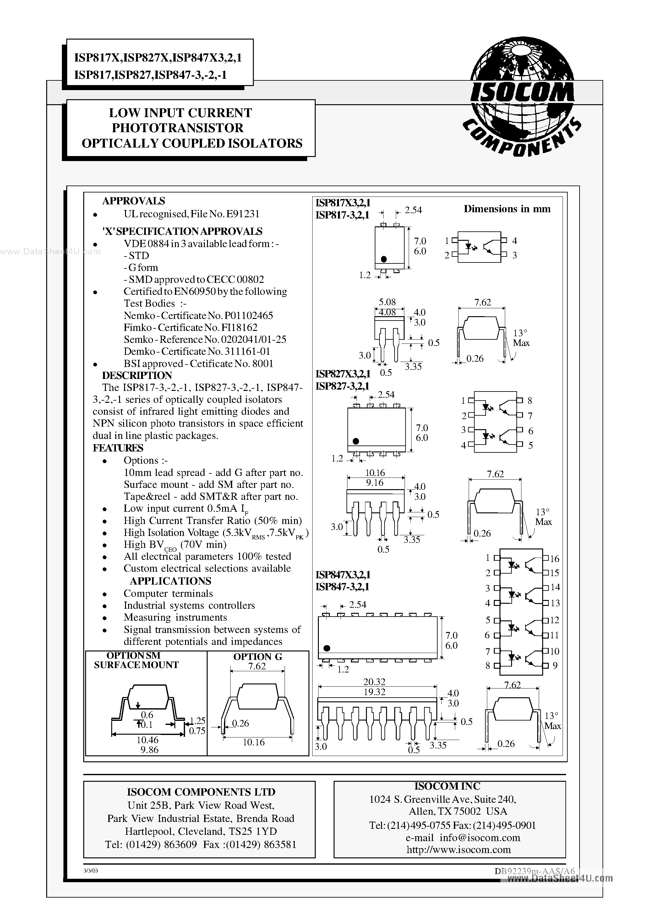Datasheet ISP817-1 - PHOTOTRANSISTOR OPTICALLY COUPLED ISOLATORS page 1