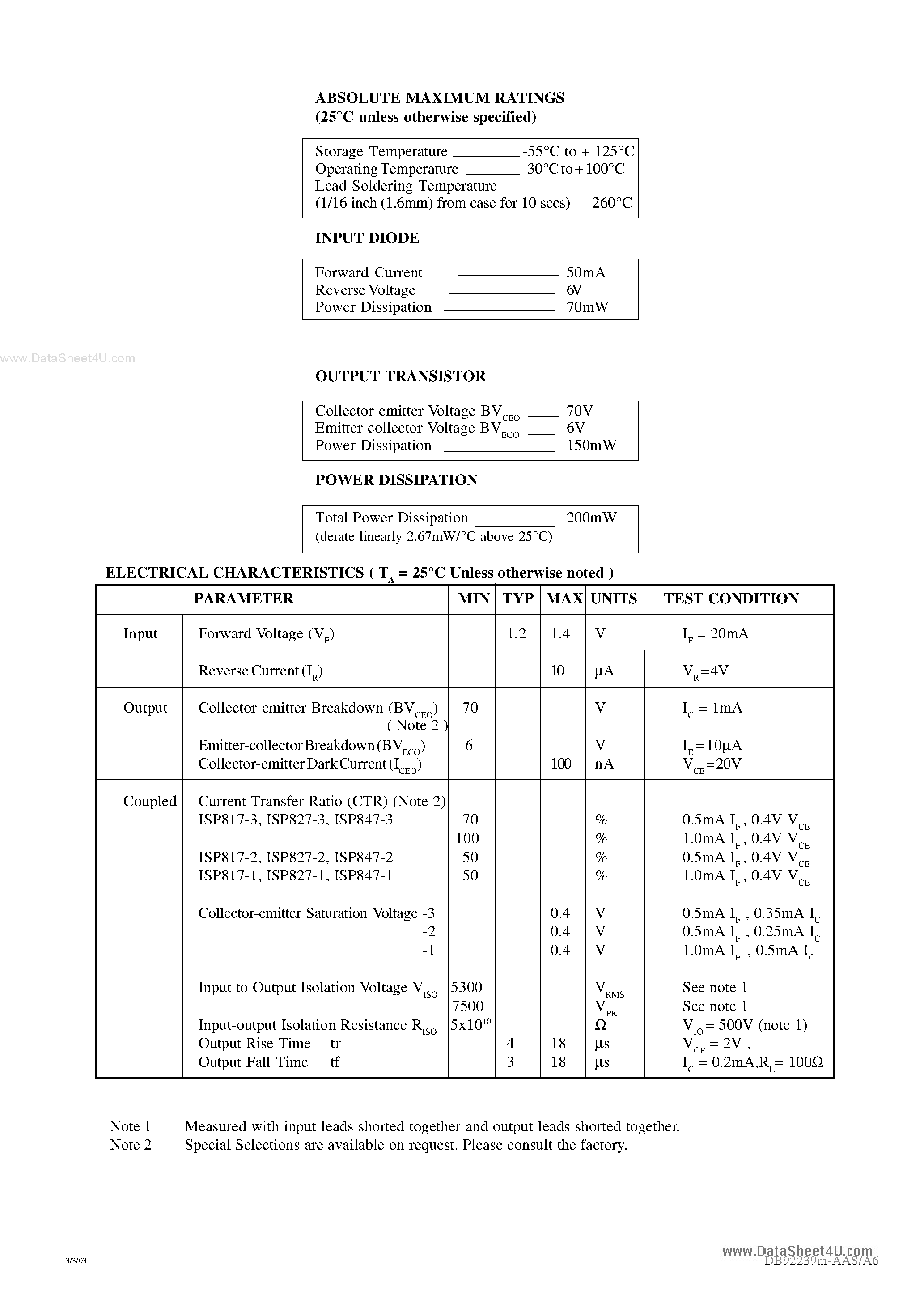 Datasheet ISP817-1 - PHOTOTRANSISTOR OPTICALLY COUPLED ISOLATORS page 2