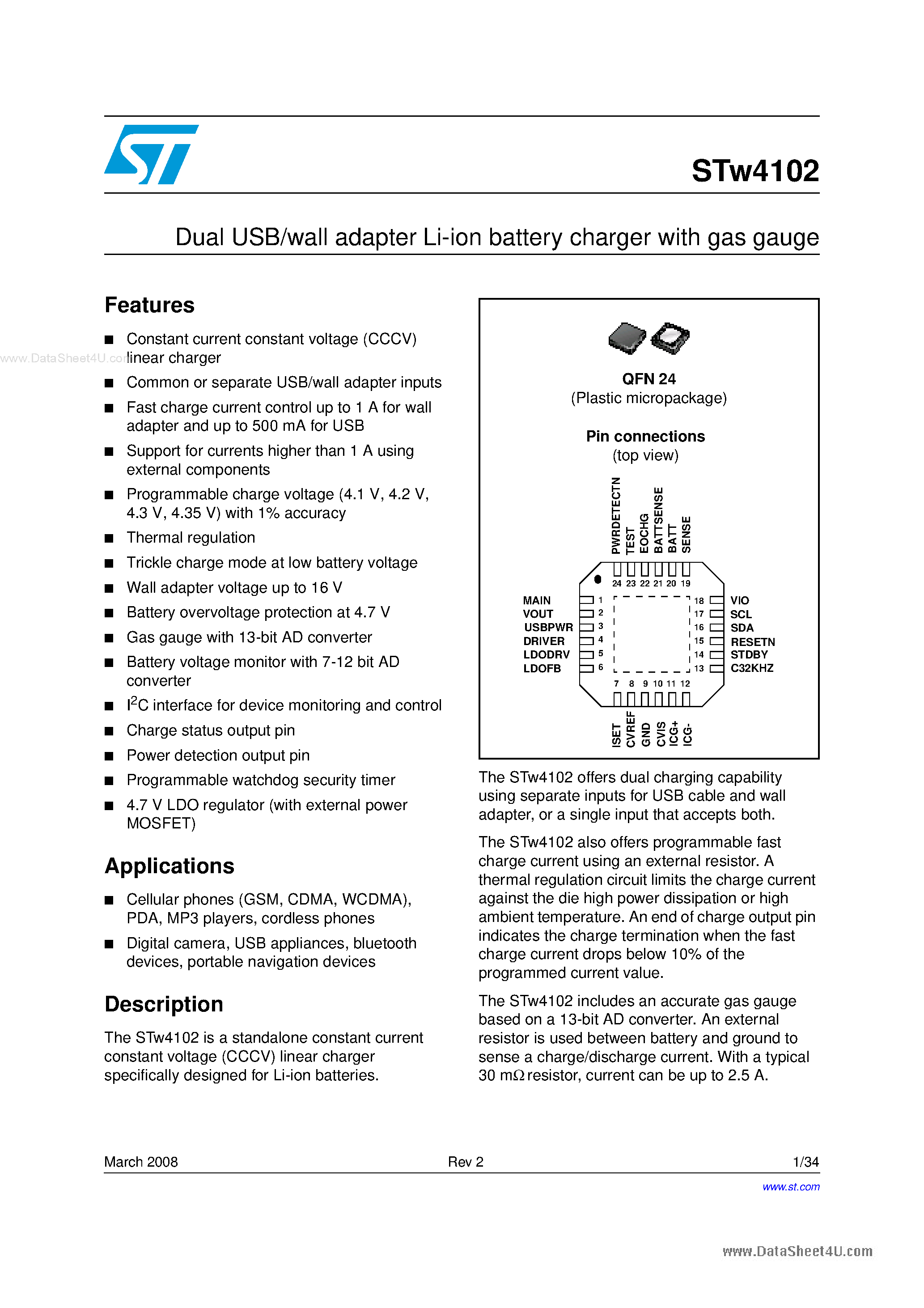 Datasheet STW4102 - Dual USB/wall adapter Li-ion battery charger page 1