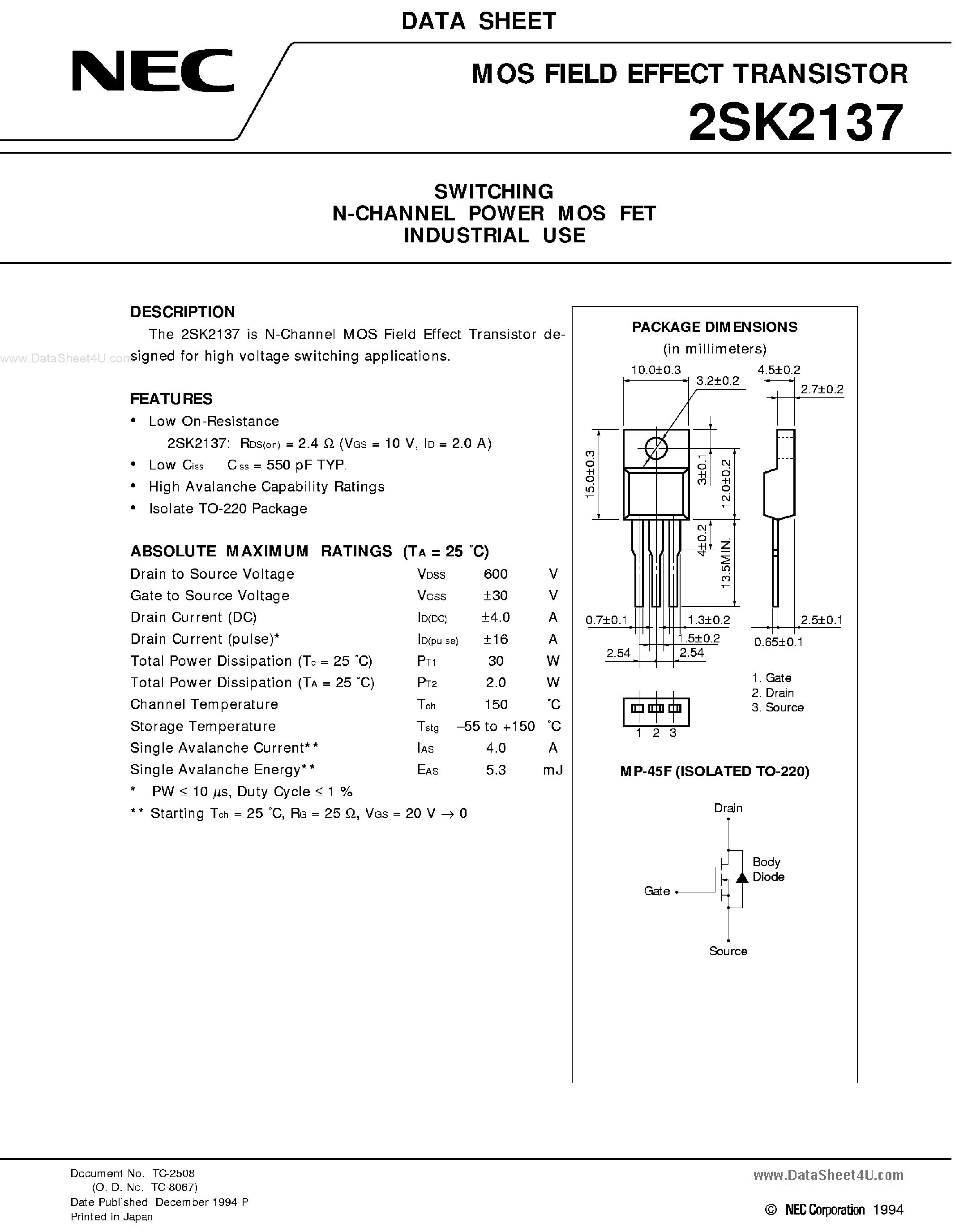 Datasheet 2SK2137 - MOS FIELD EFFECT TRANSISTOR SWITCHING N-CHANNEL POWER MOS FET INDUSTRIAL USE page 1
