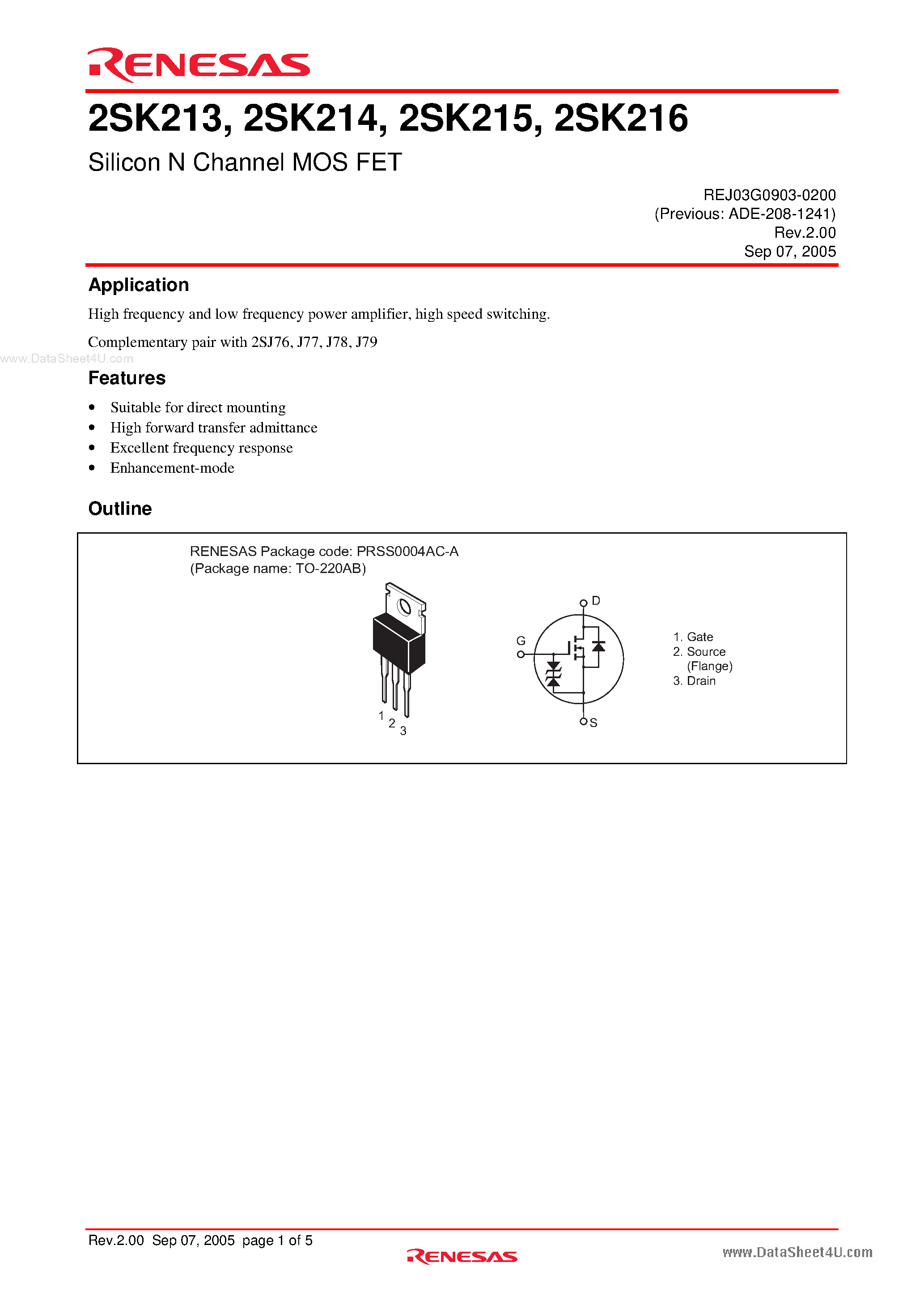 Datasheet 2SK213 - (2SK213 - 2SK216) Silicon N Channel MOS FET page 1