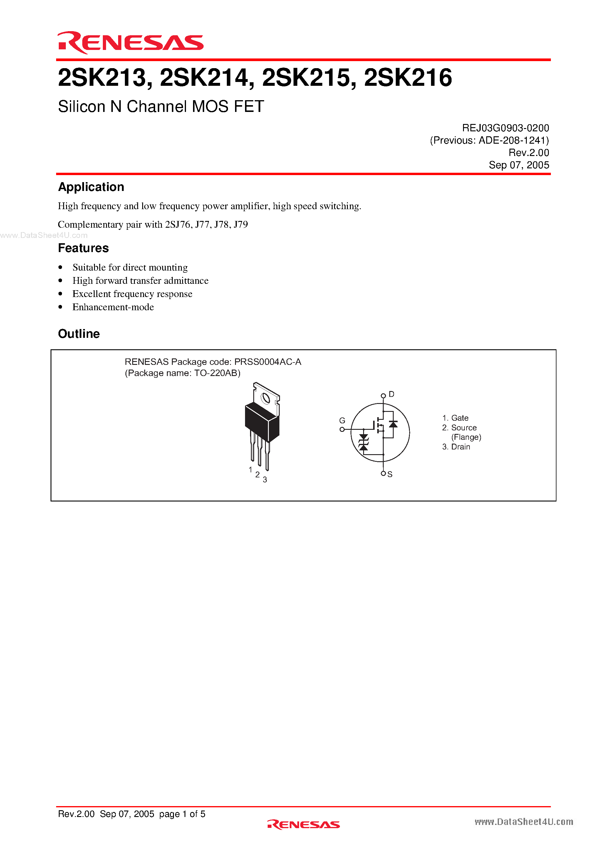 Даташит 2SK213 - (2SK213 - 2SK216) Silicon N Channel MOS FET страница 1