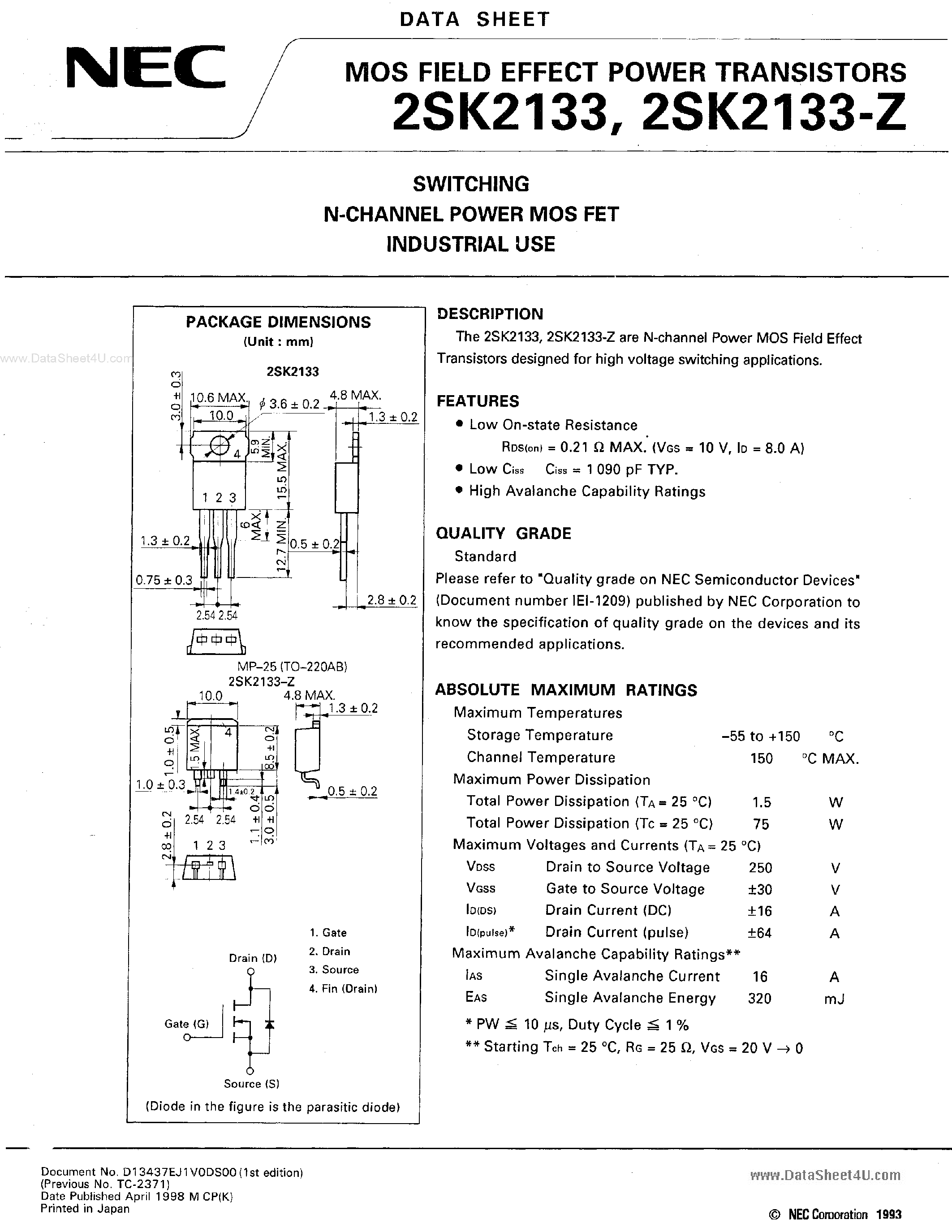 Даташит 2SK2133 - SWITCHING N-CHANNEL POWER MOSFET INDUSTRIAL USE страница 1