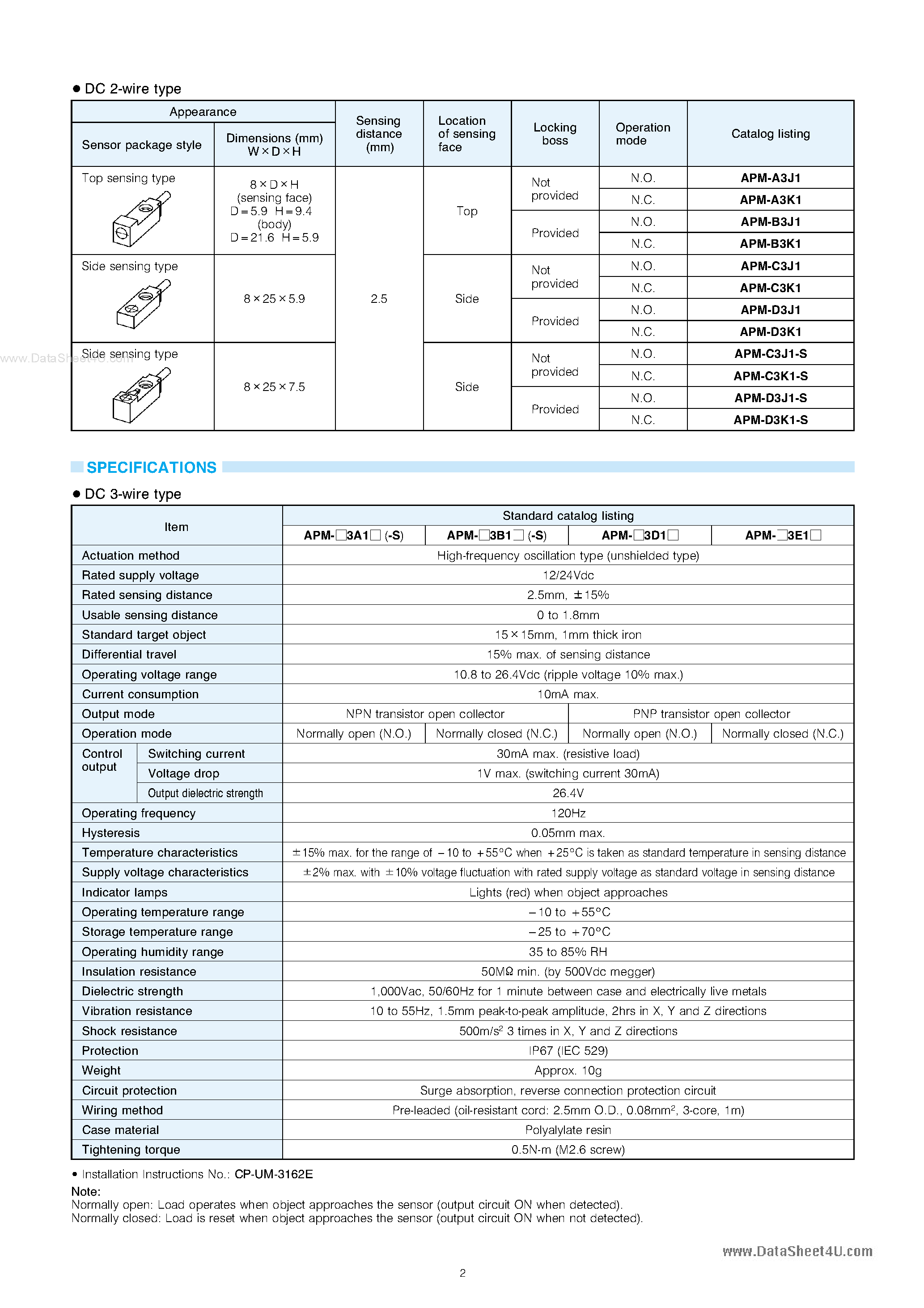 Datasheet APM-xxxx - Compact Proximity Sensors page 2