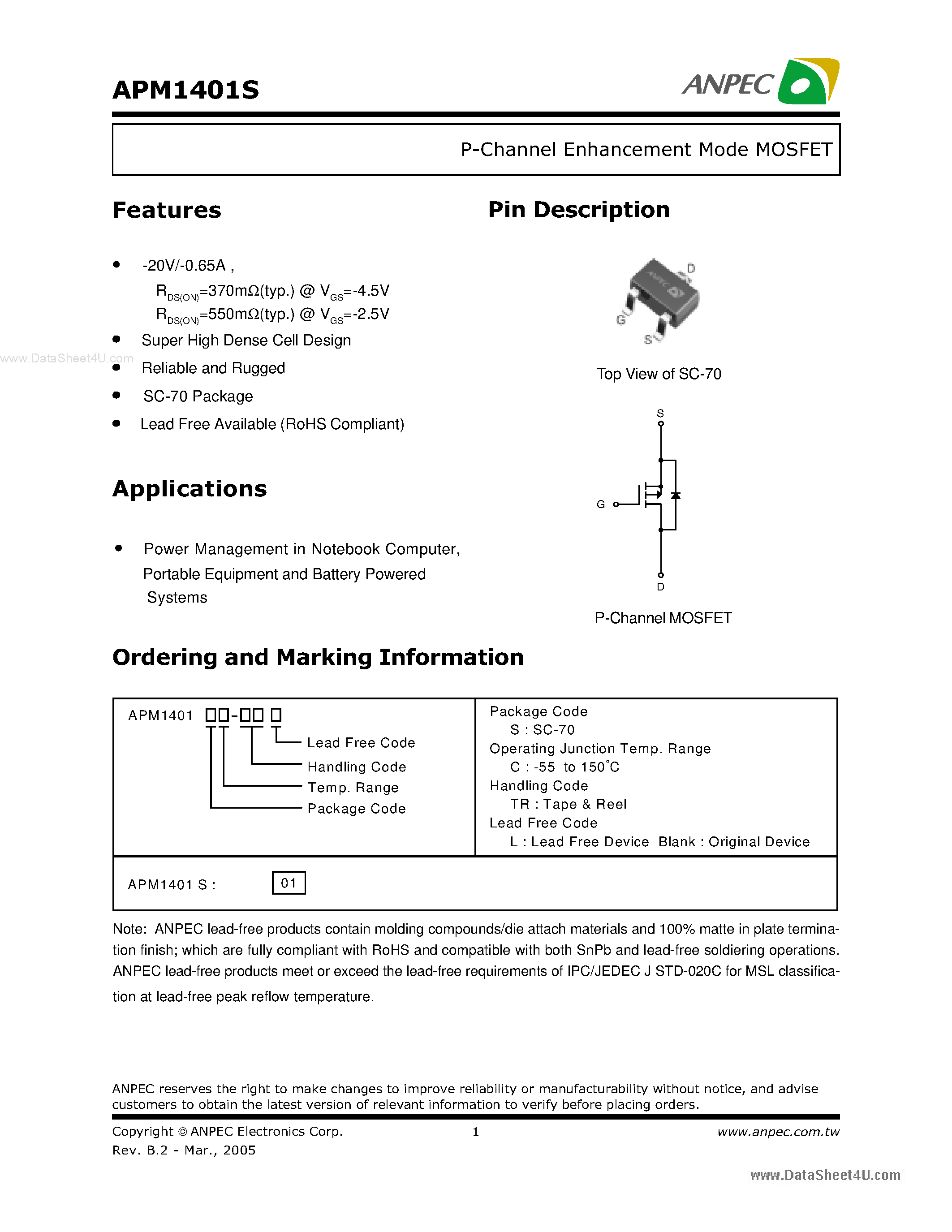 Даташит APM1401S - P-Channel Enhancement Mode MOSFET страница 1