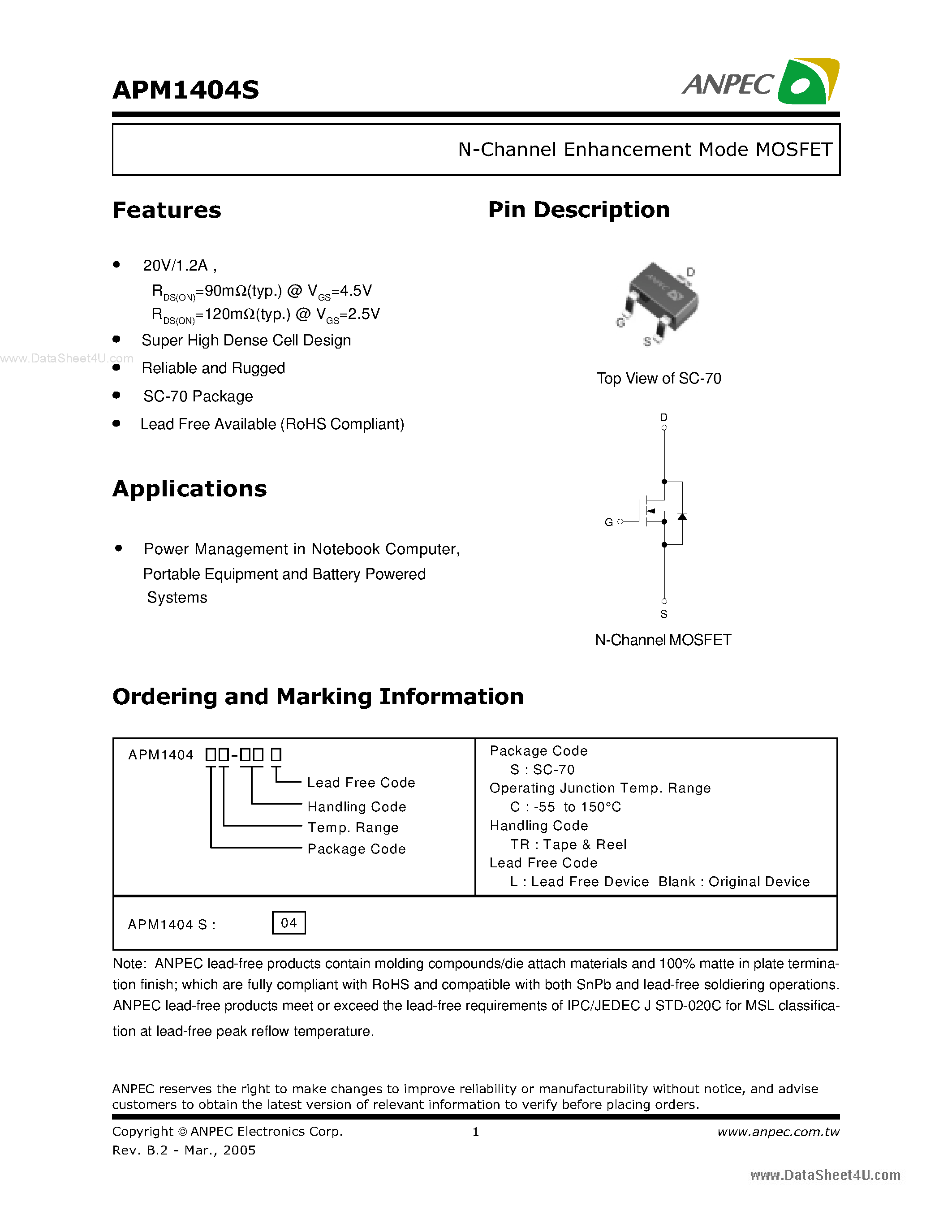 Datasheet APM1404S - N-Channel Enhancement Mode MOSFET page 1
