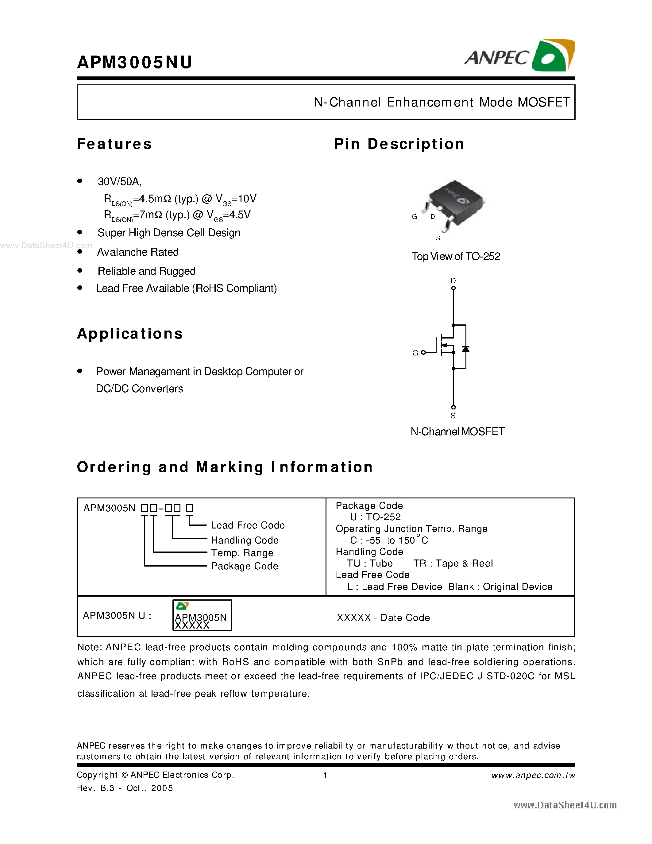Datasheet APM3005NU - N-Channel Enhancement Mode MOSFET page 1