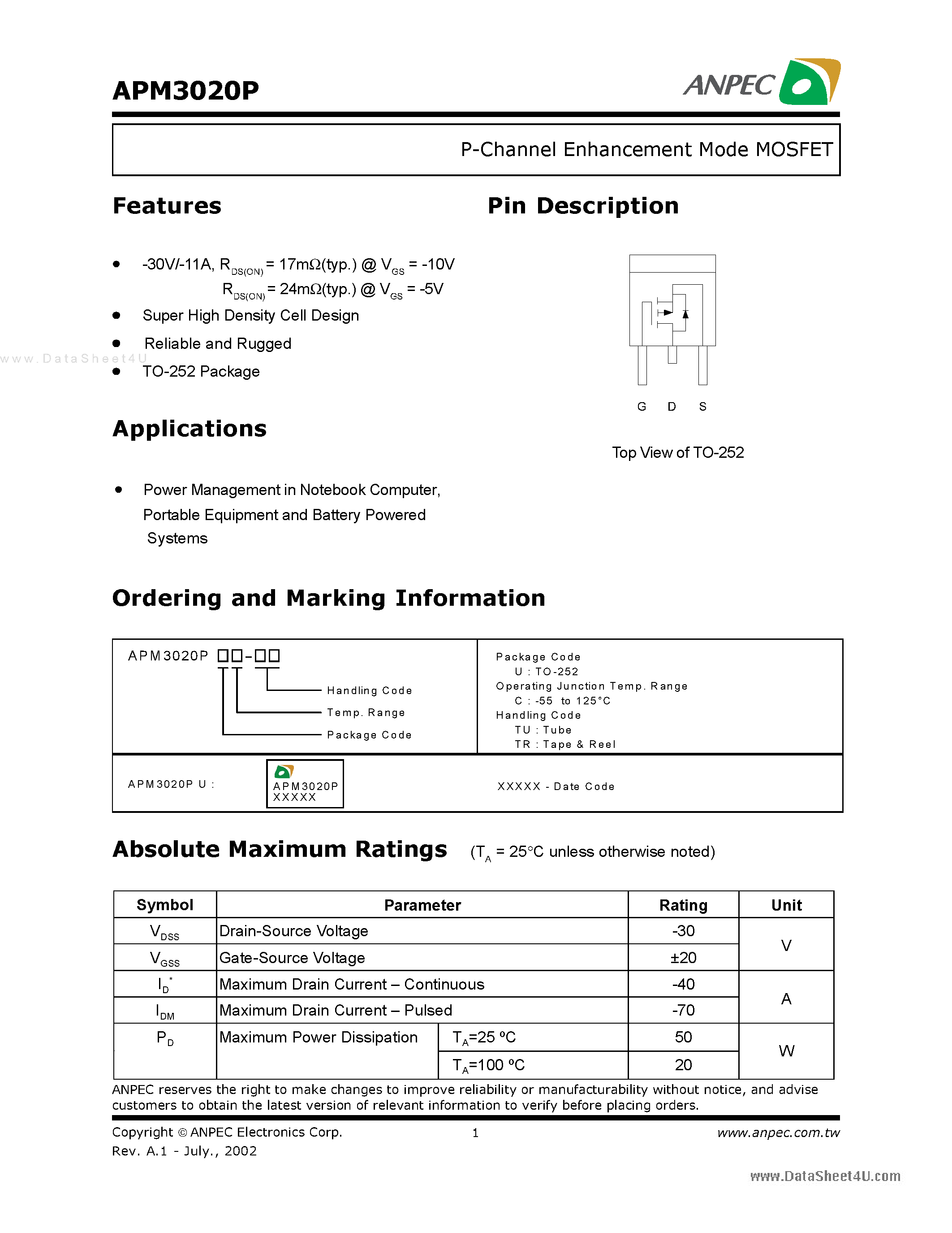 Даташит APM3020P - P-Channel Enhancement Mode MOSFET страница 1