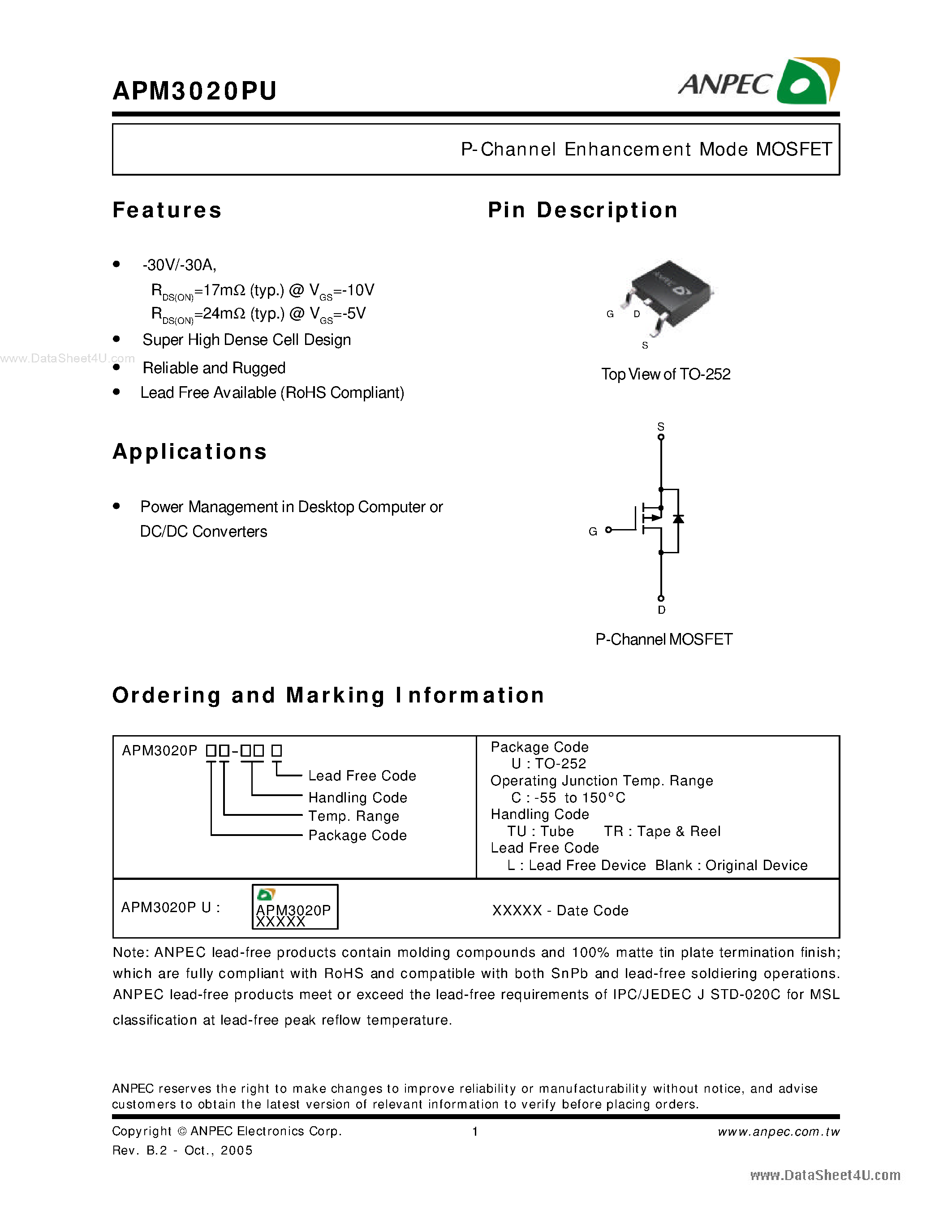 Даташит APM3020PU - P-Channel Enhancement Mode MOSFET страница 1