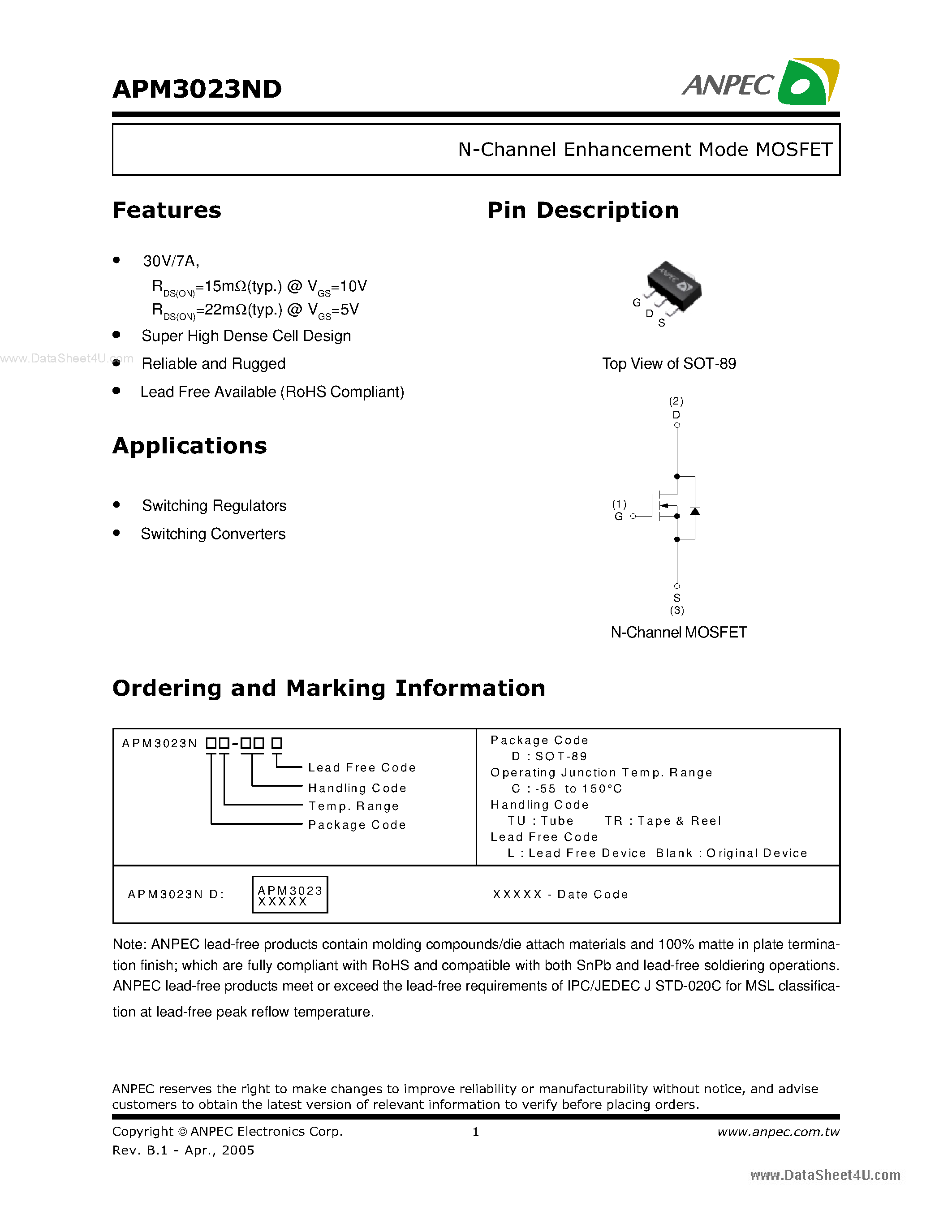 Datasheet APM3023ND - N-Channel Enhancement Mode MOSFET page 1