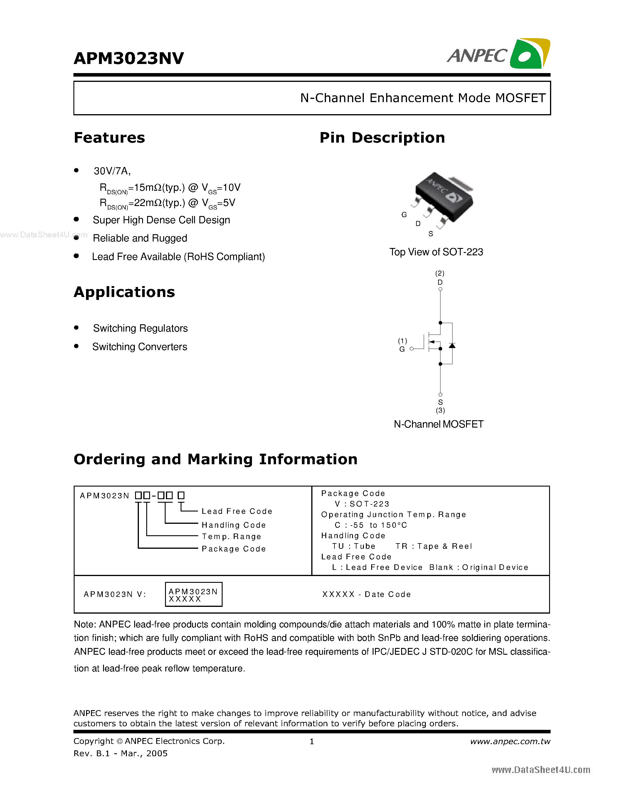 Datasheet APM3023NV - N-Channel Enhancement Mode MOSFET page 1