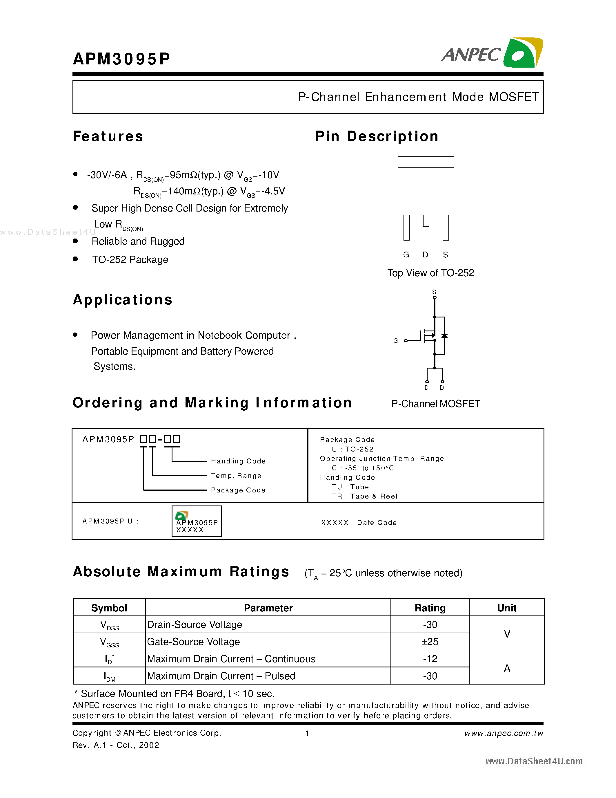 Даташит APM3095P - P-Channel Enhancement Mode MOSFET страница 1