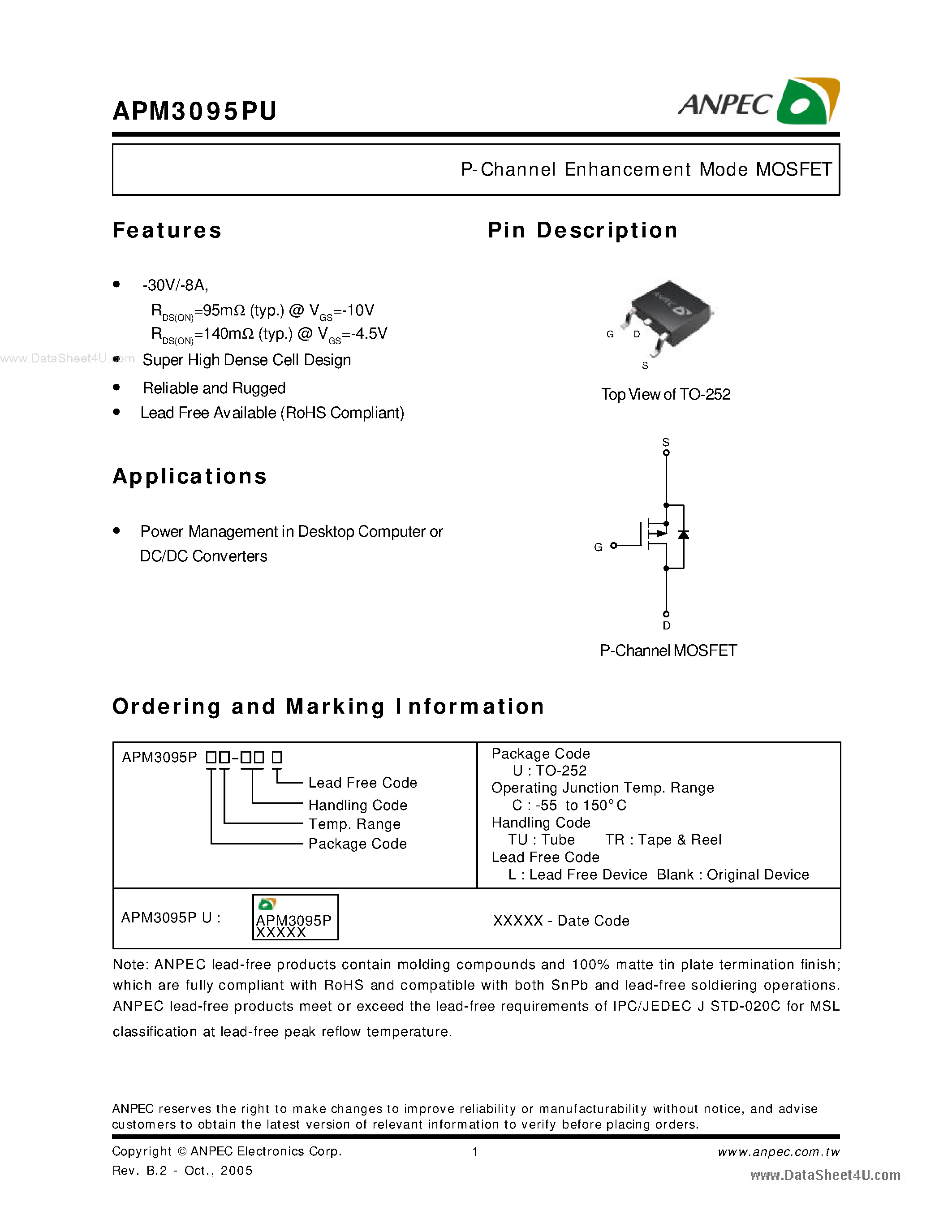 Даташит APM3095PU - P-Channel Enhancement Mode MOSFET страница 1