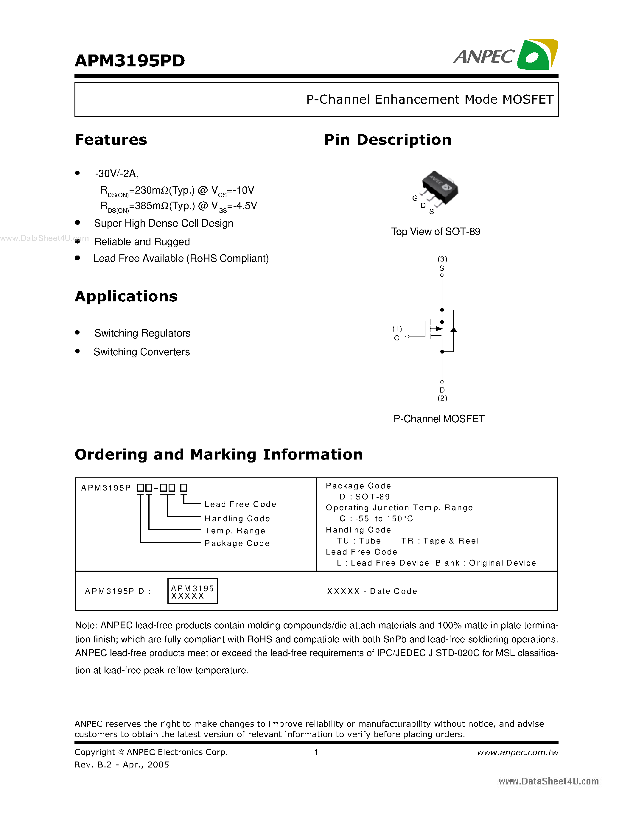 Даташит APM3195PD - P-Channel Enhancement Mode MOSFET страница 1