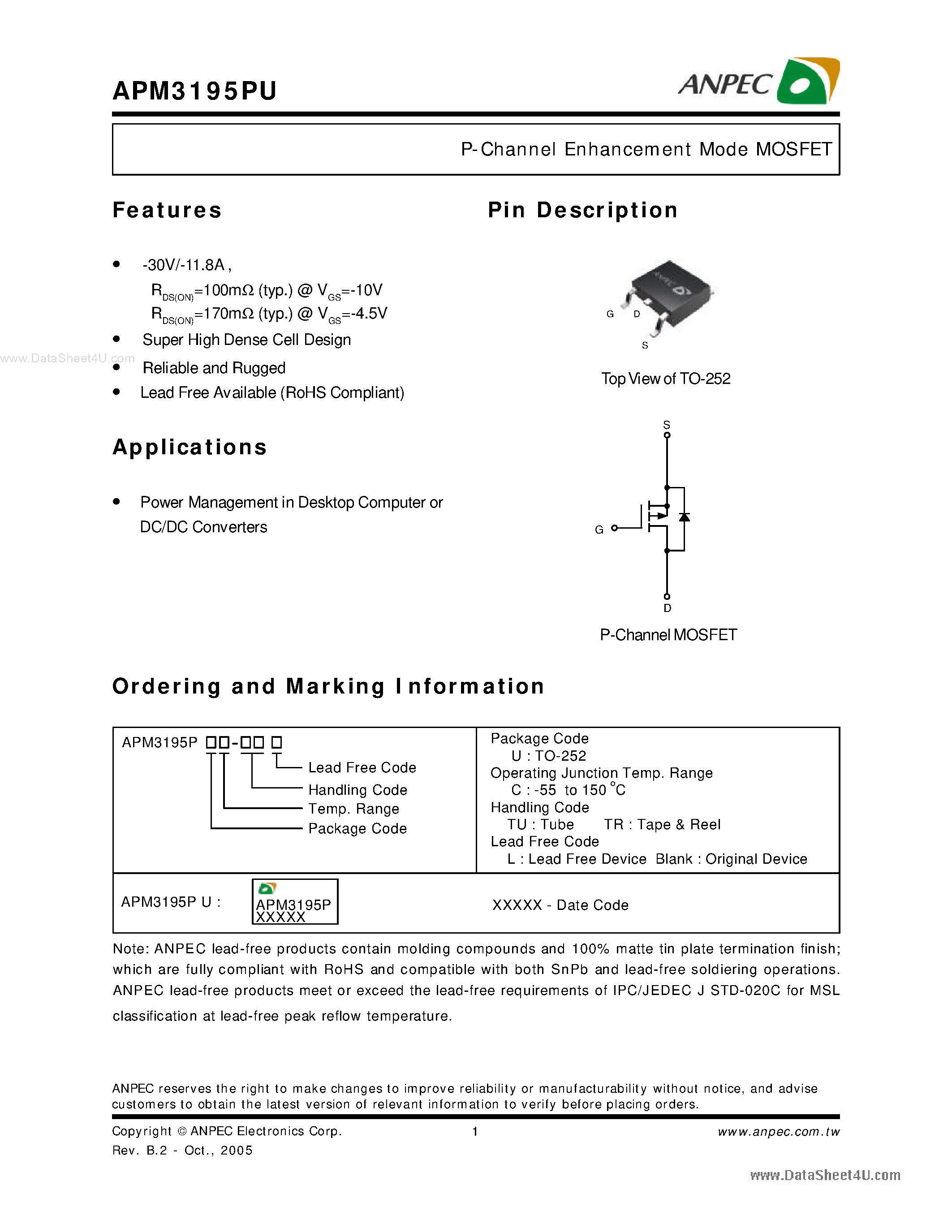 Даташит APM3195PU - P-Channel Enhancement Mode MOSFET страница 1