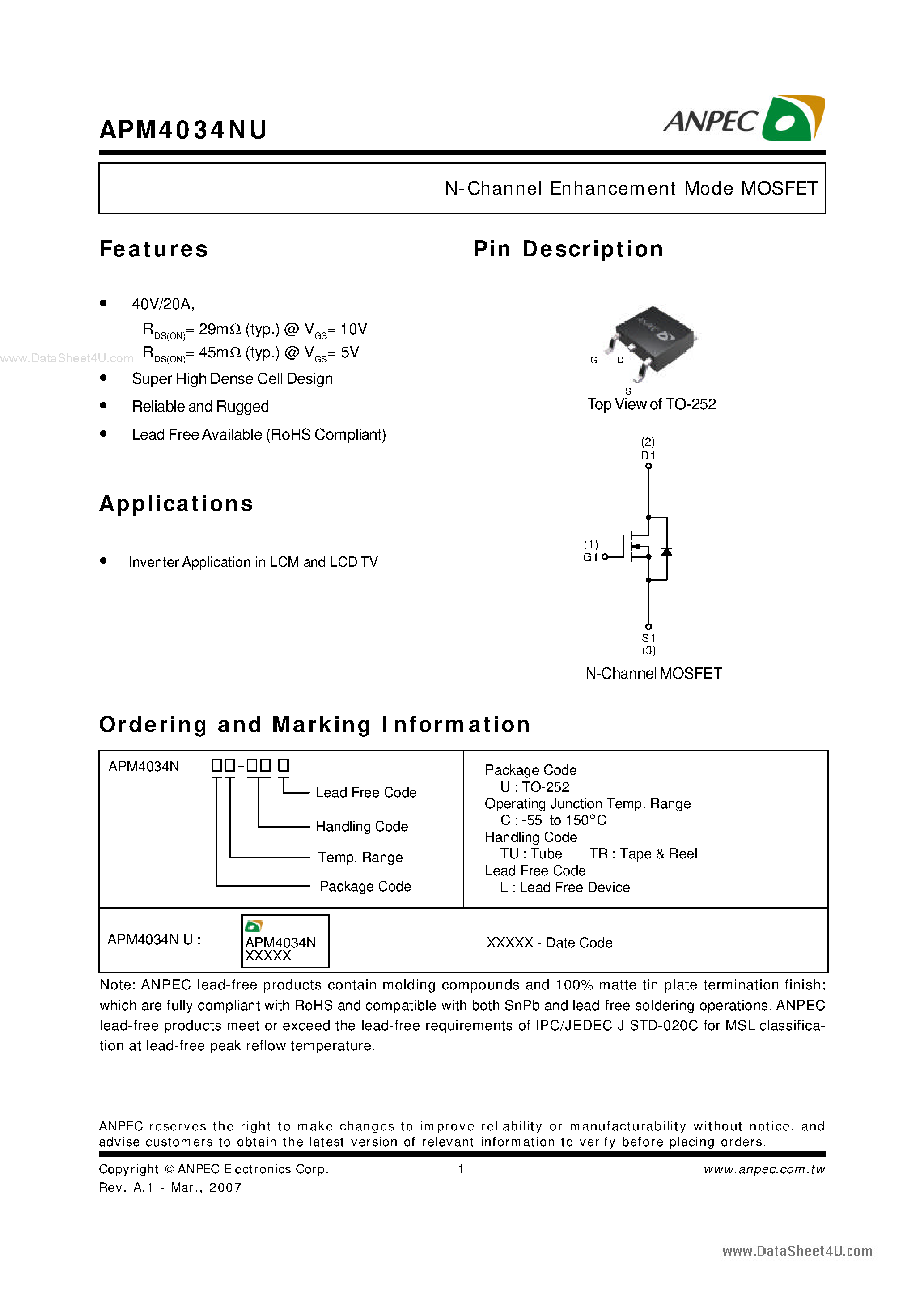 Datasheet APM4034NU - N-Channel Enhancement Mode MOSFET page 1