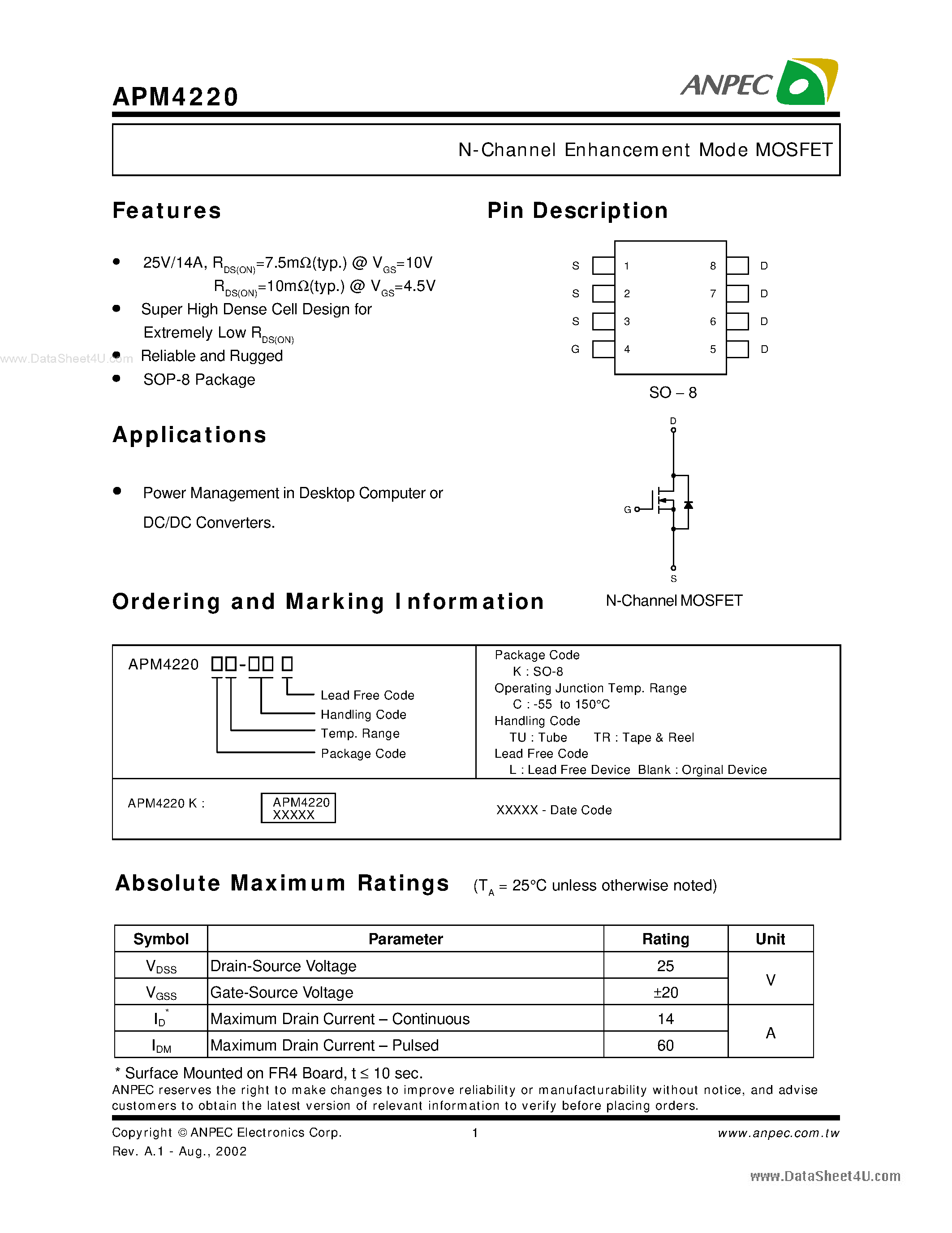 Datasheet APM4220 - N-Channel Enhancement Mode MOSFET page 1