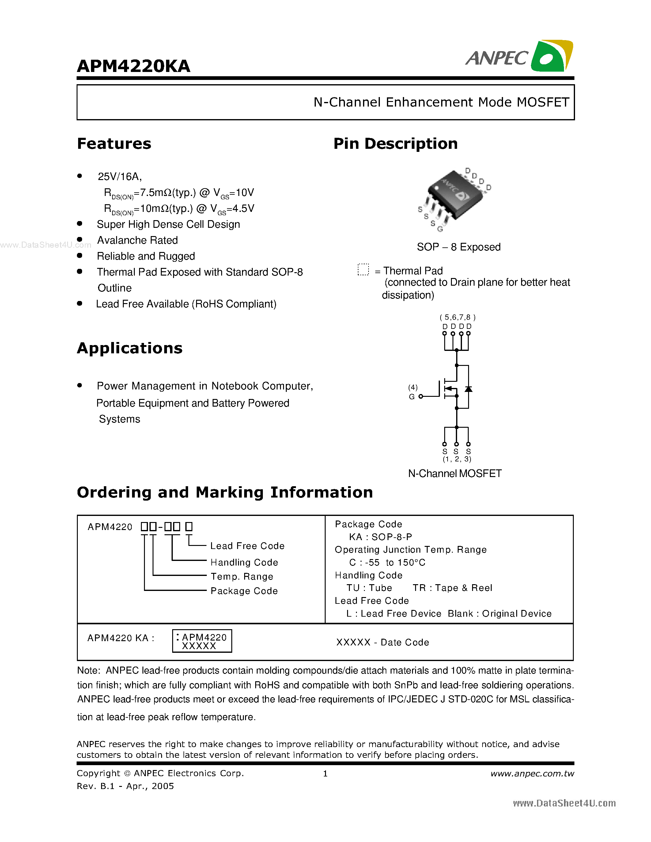 Datasheet APM4220KA - N-Channel Enhancement Mode MOSFET page 1