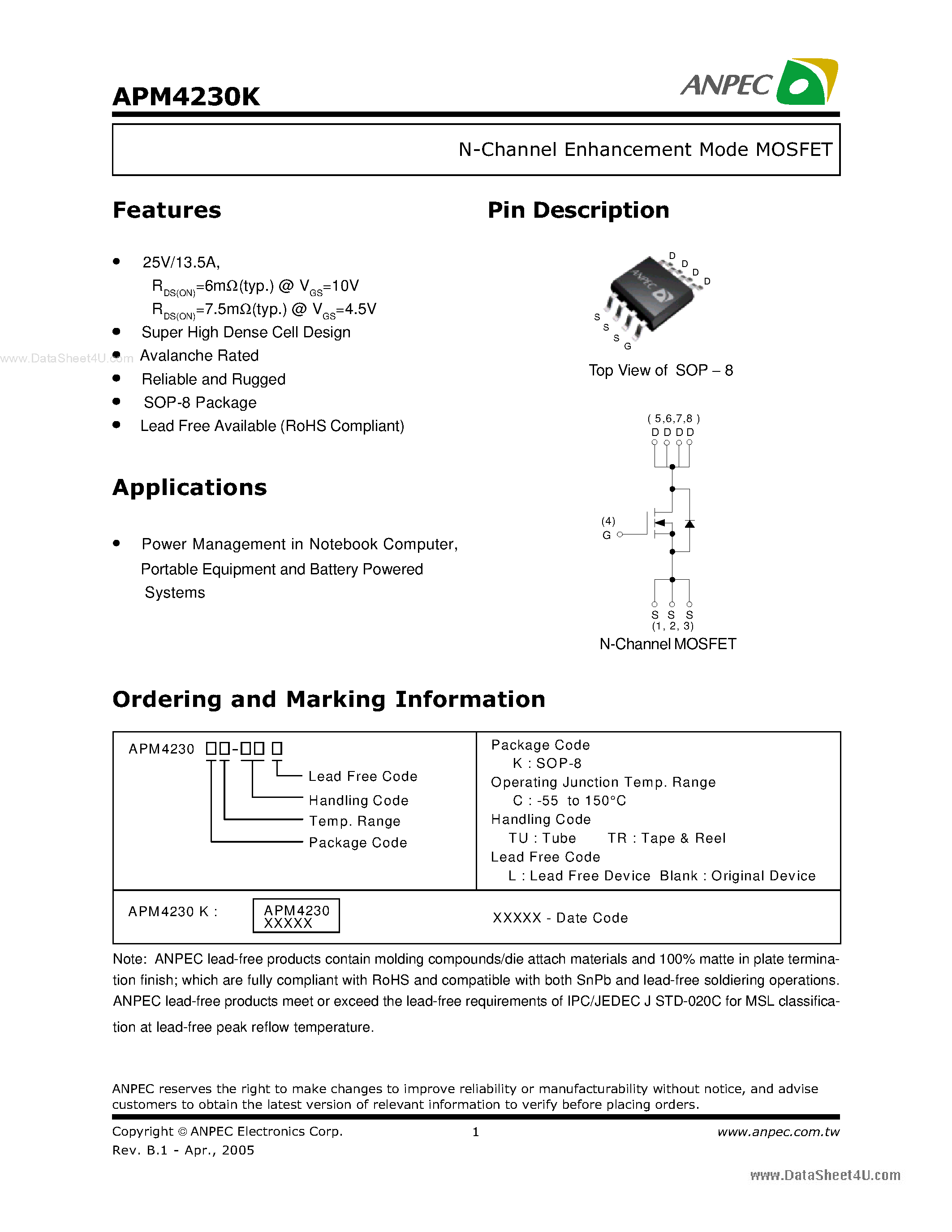 Datasheet APM4230K - N-Channel Enhancement Mode MOSFET page 1