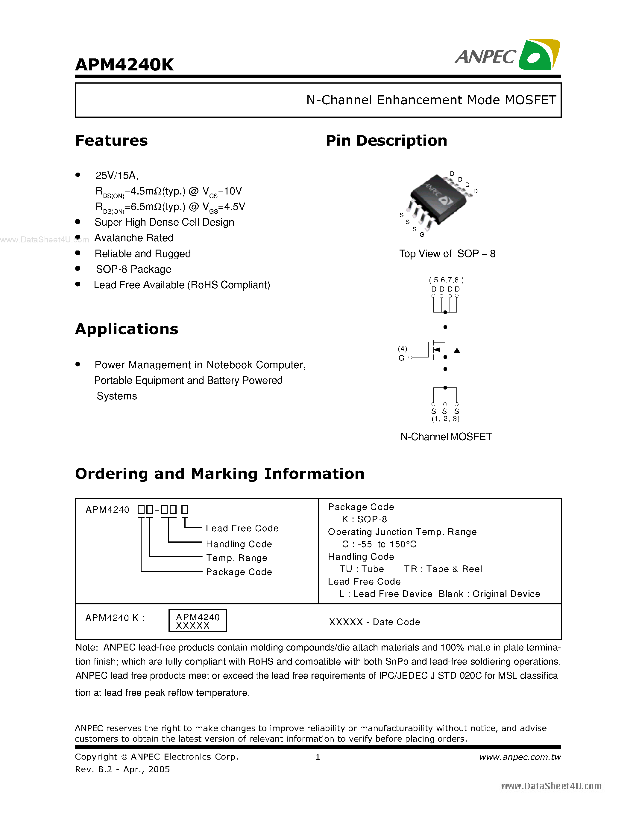 Datasheet APM4240K - N-Channel Enhancement Mode MOSFET page 1