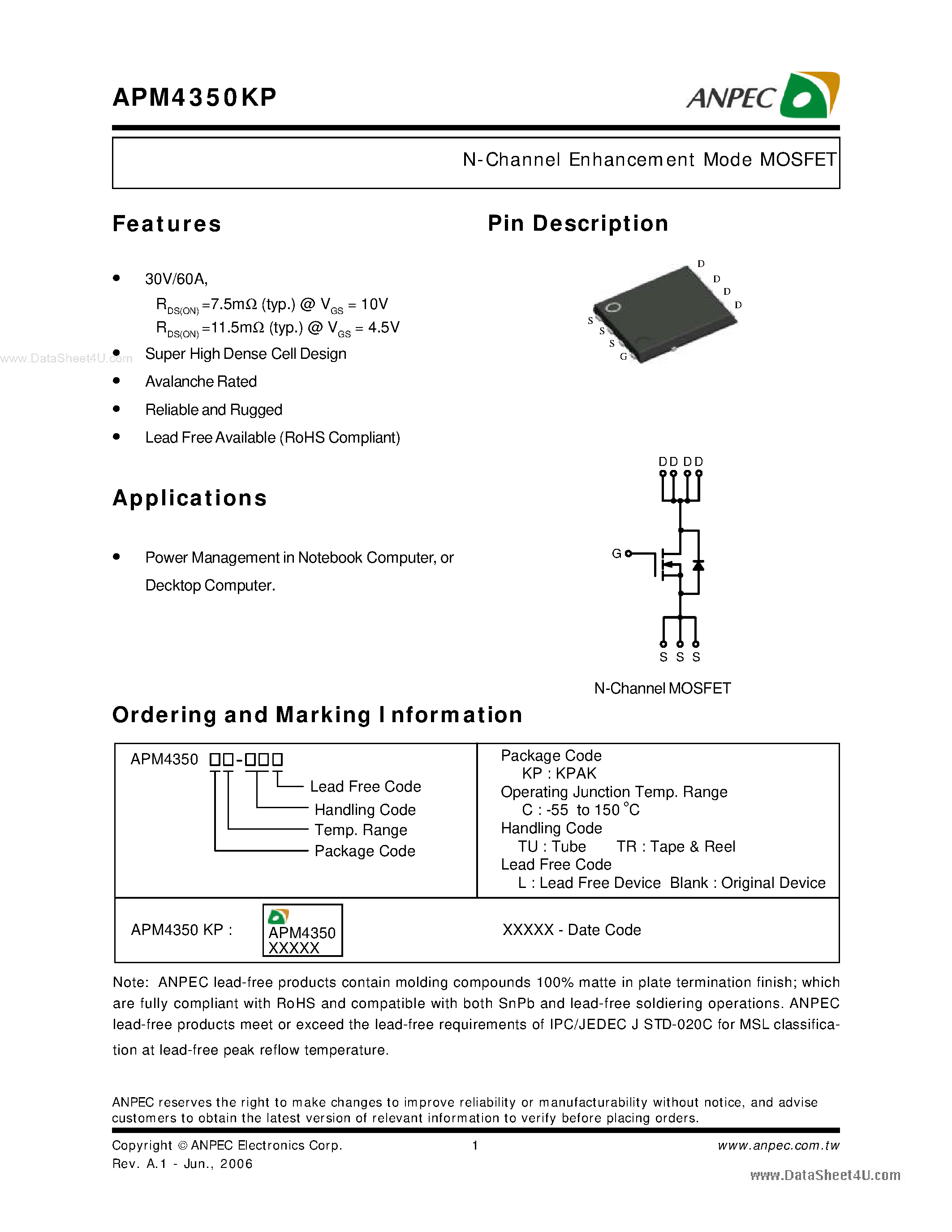 Datasheet APM4350KP - N-Channel Enhancement Mode MOSFET page 1