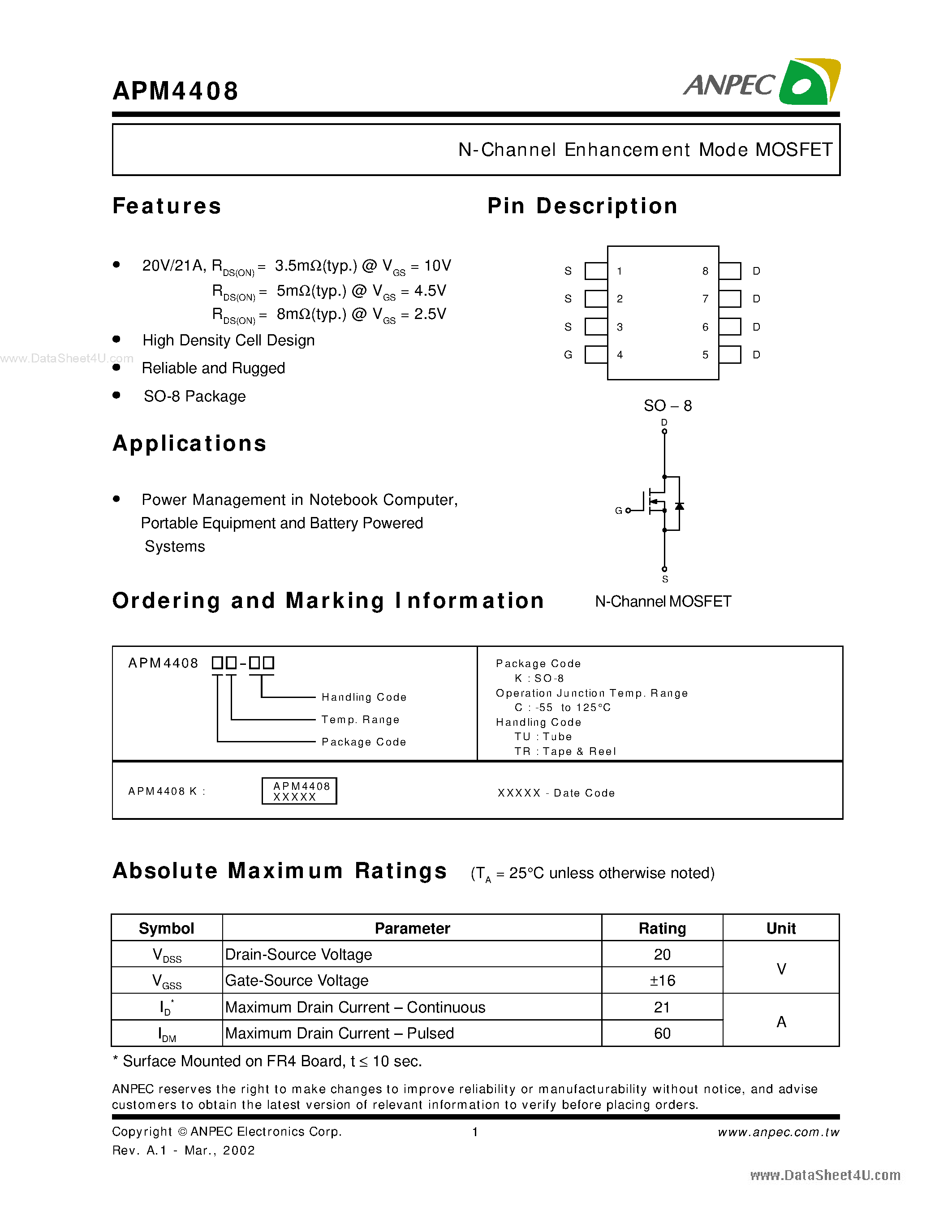 Datasheet APM4408 - N-Channel Enhancement Mode MOSFET page 1