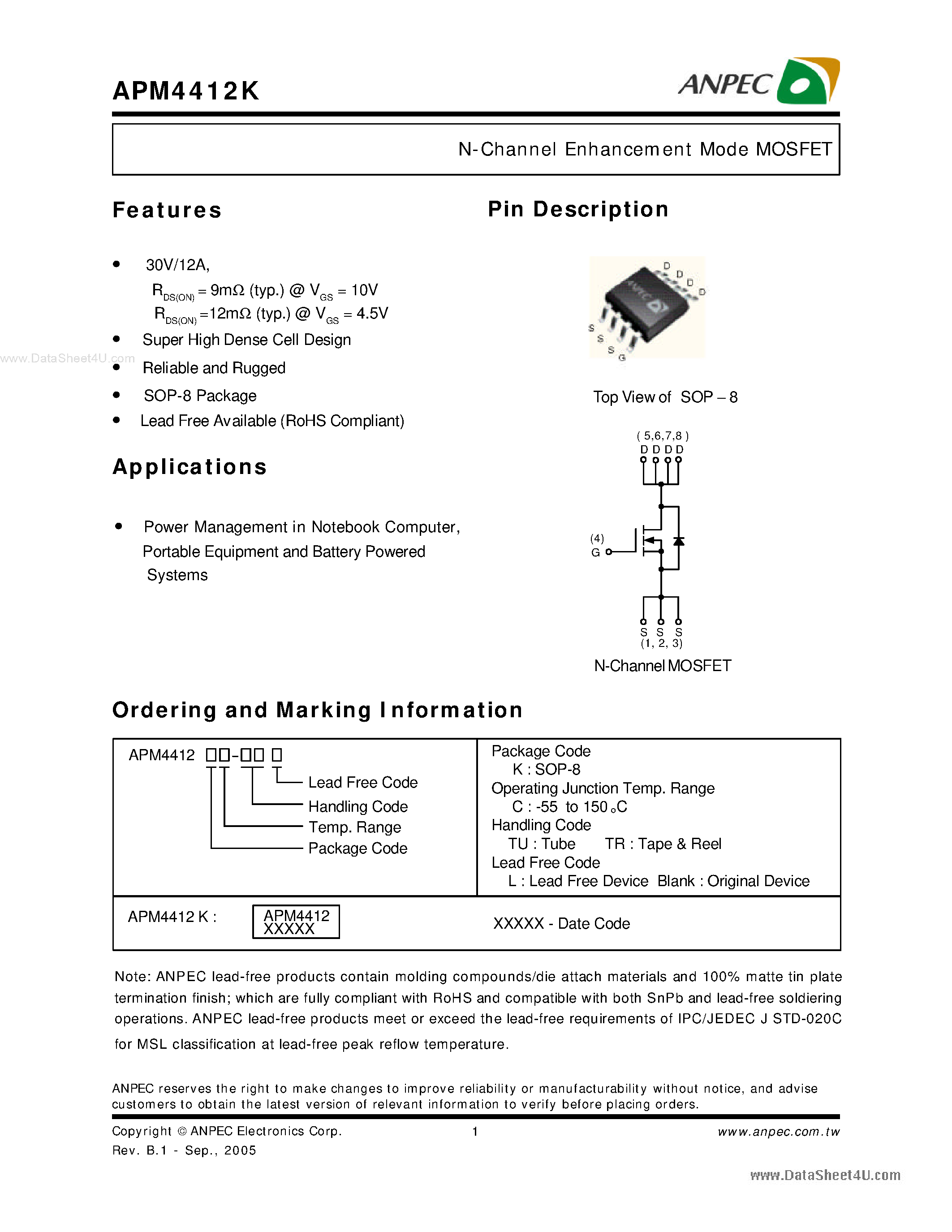 Datasheet APM4412K - N-Channel Enhancement Mode MOSFET page 1
