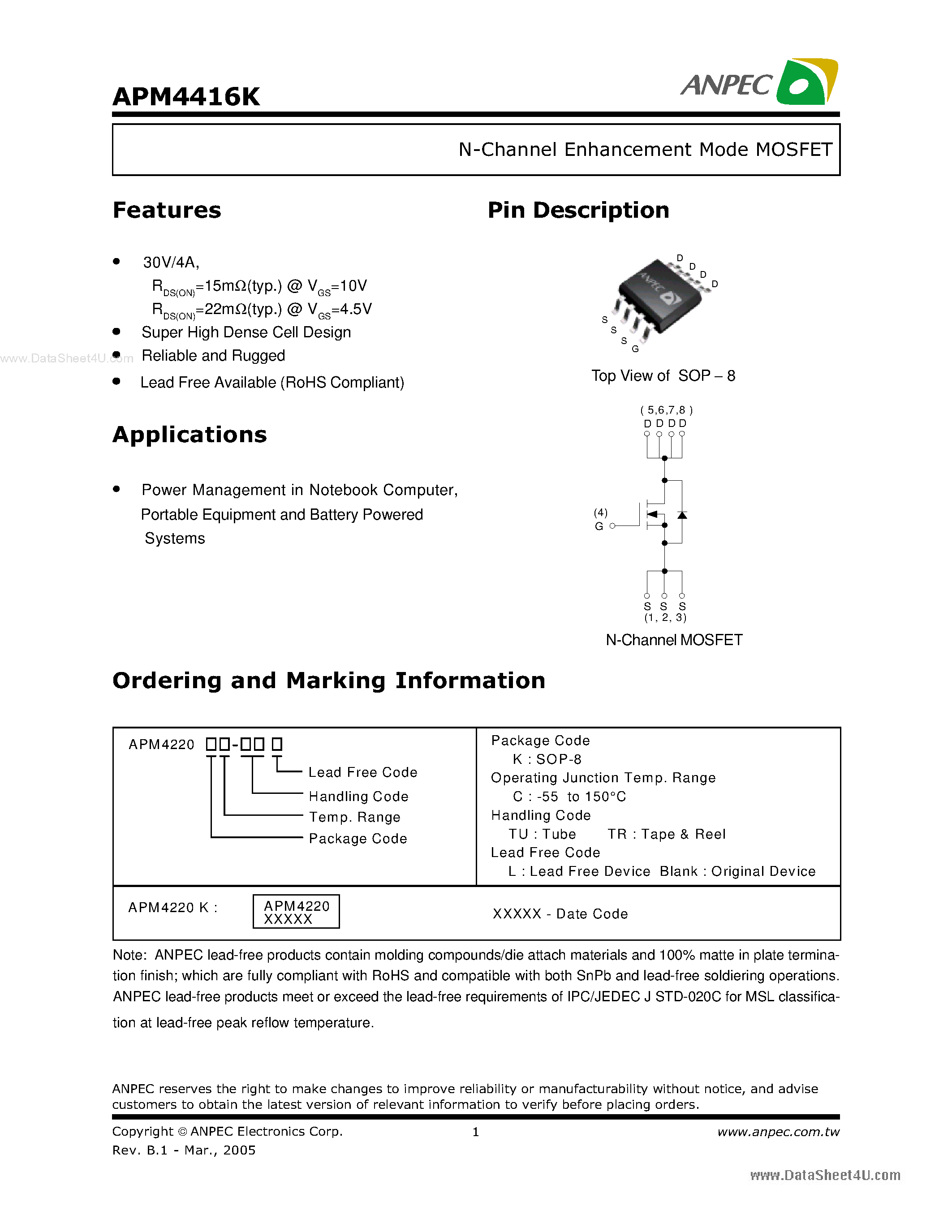 Datasheet APM4416K - N-Channel Enhancement Mode MOSFET page 1