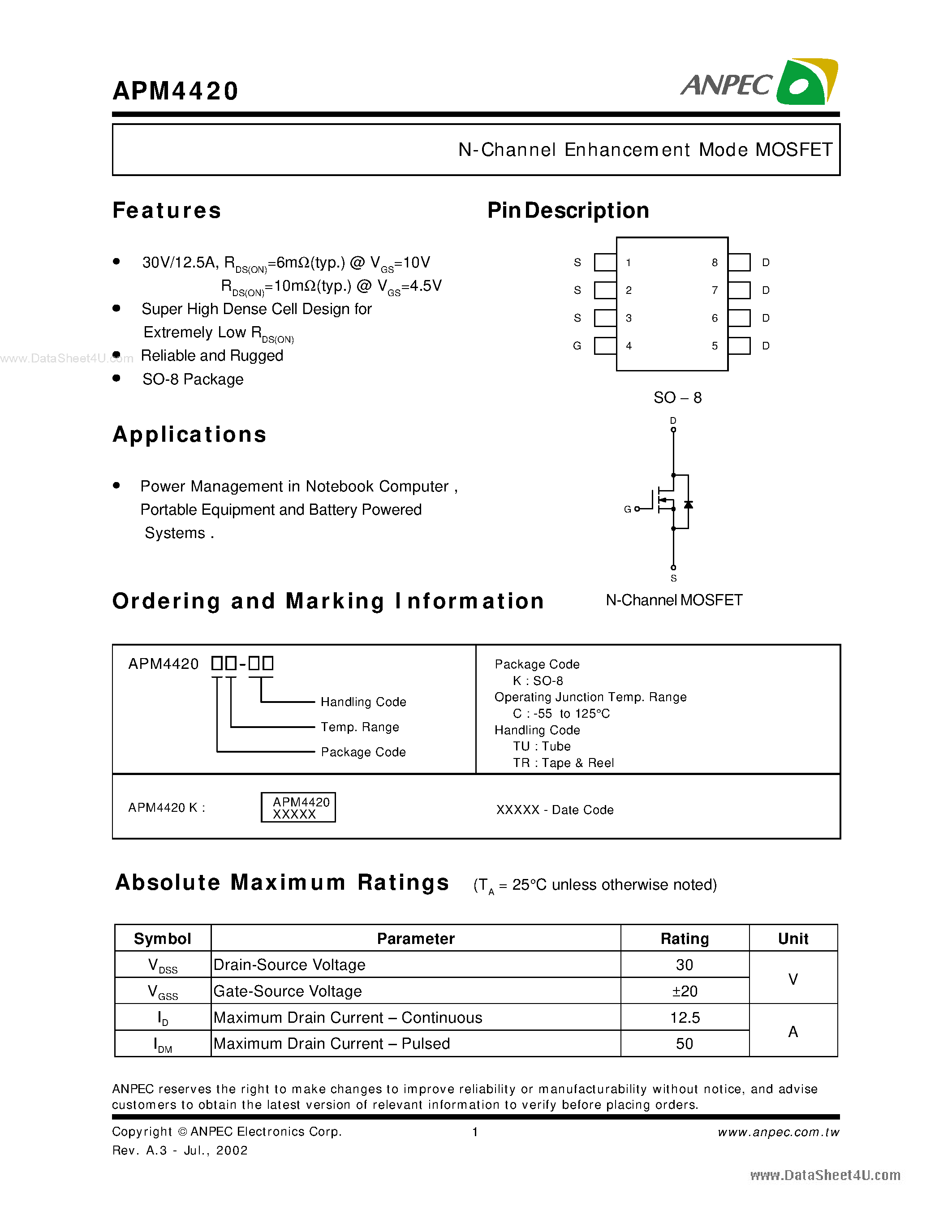 Datasheet APM4420 - N-Channel Enhancement Mode MOSFET page 1