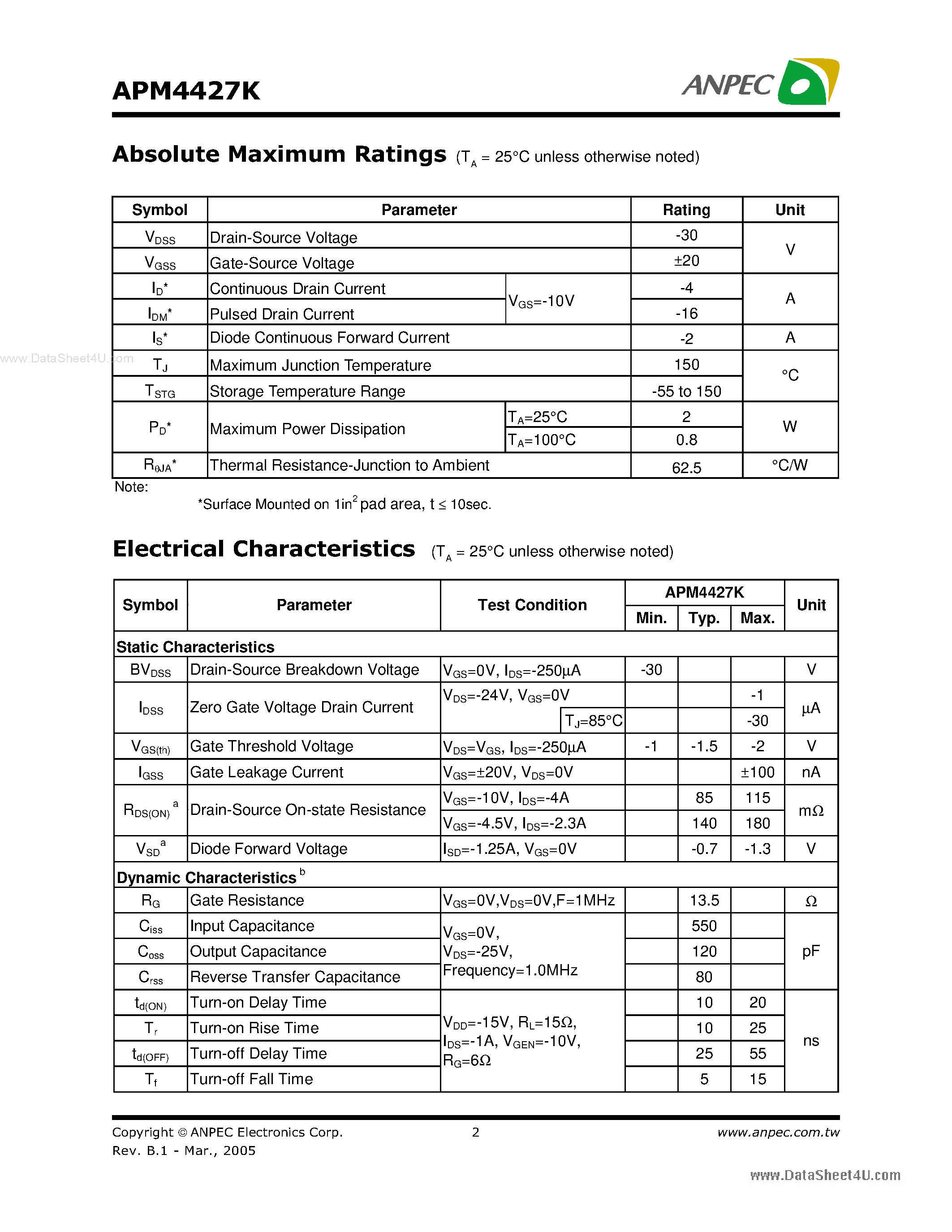 Даташит APM4427K - P-Channel Enhancement Mode MOSFET страница 2