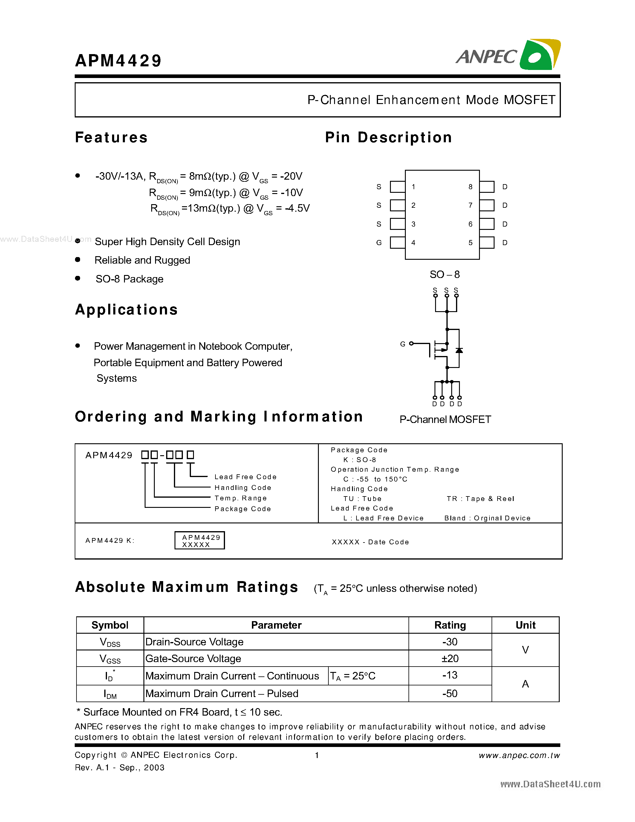 Даташит APM4429 - P-Channel Enhancement Mode MOSFET страница 1