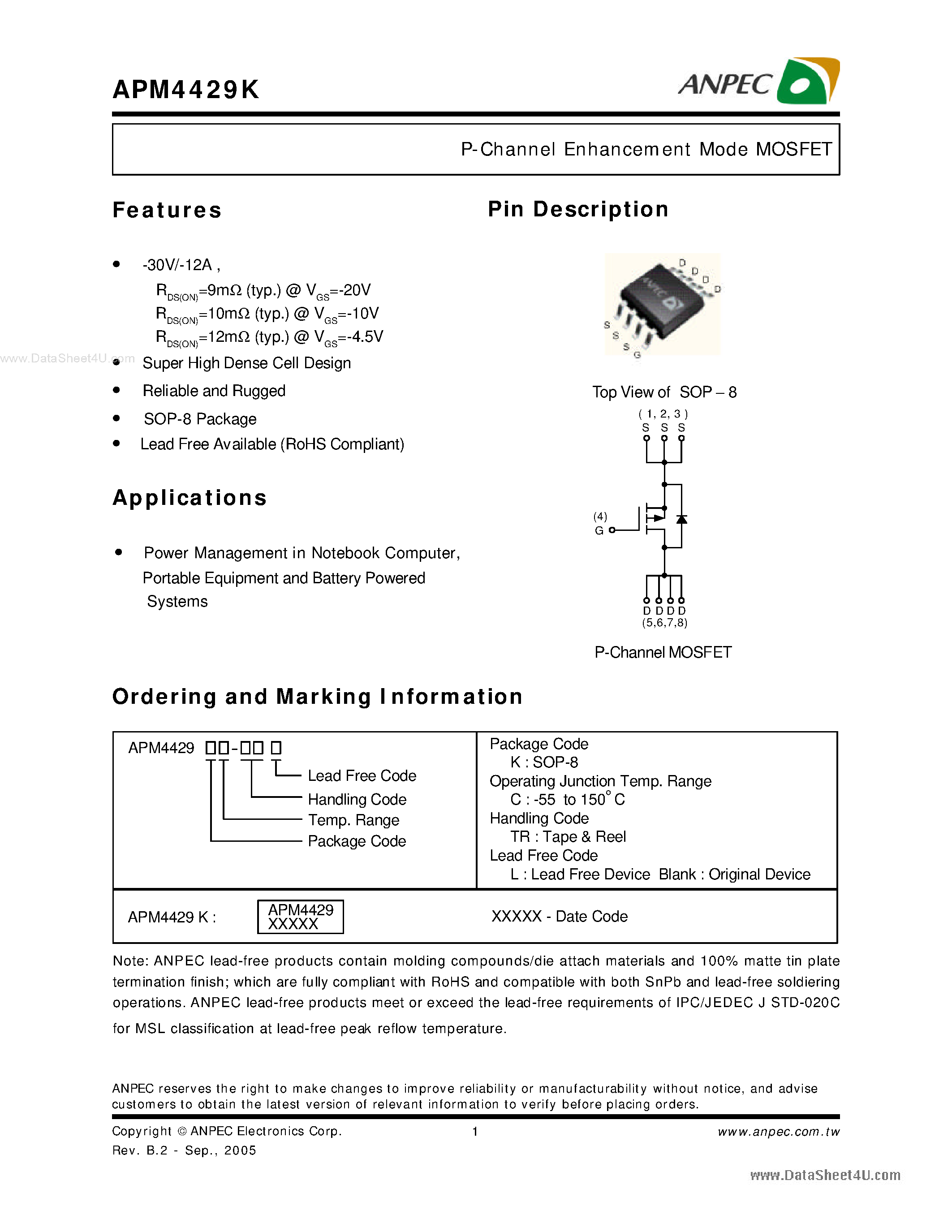 Даташит APM4429K - P-Channel Enhancement Mode MOSFET страница 1