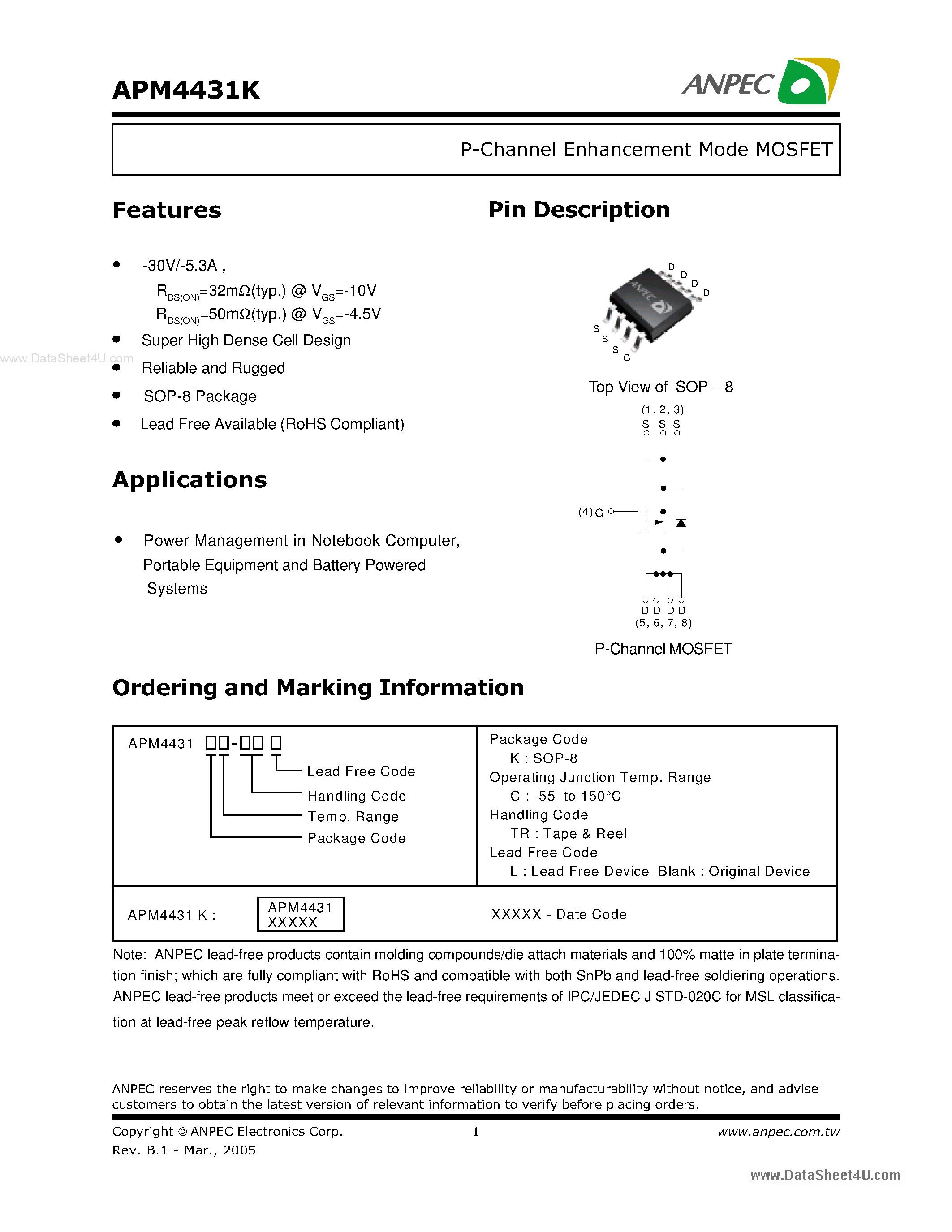 Даташит APM4431K - P-Channel Enhancement Mode MOSFET страница 1