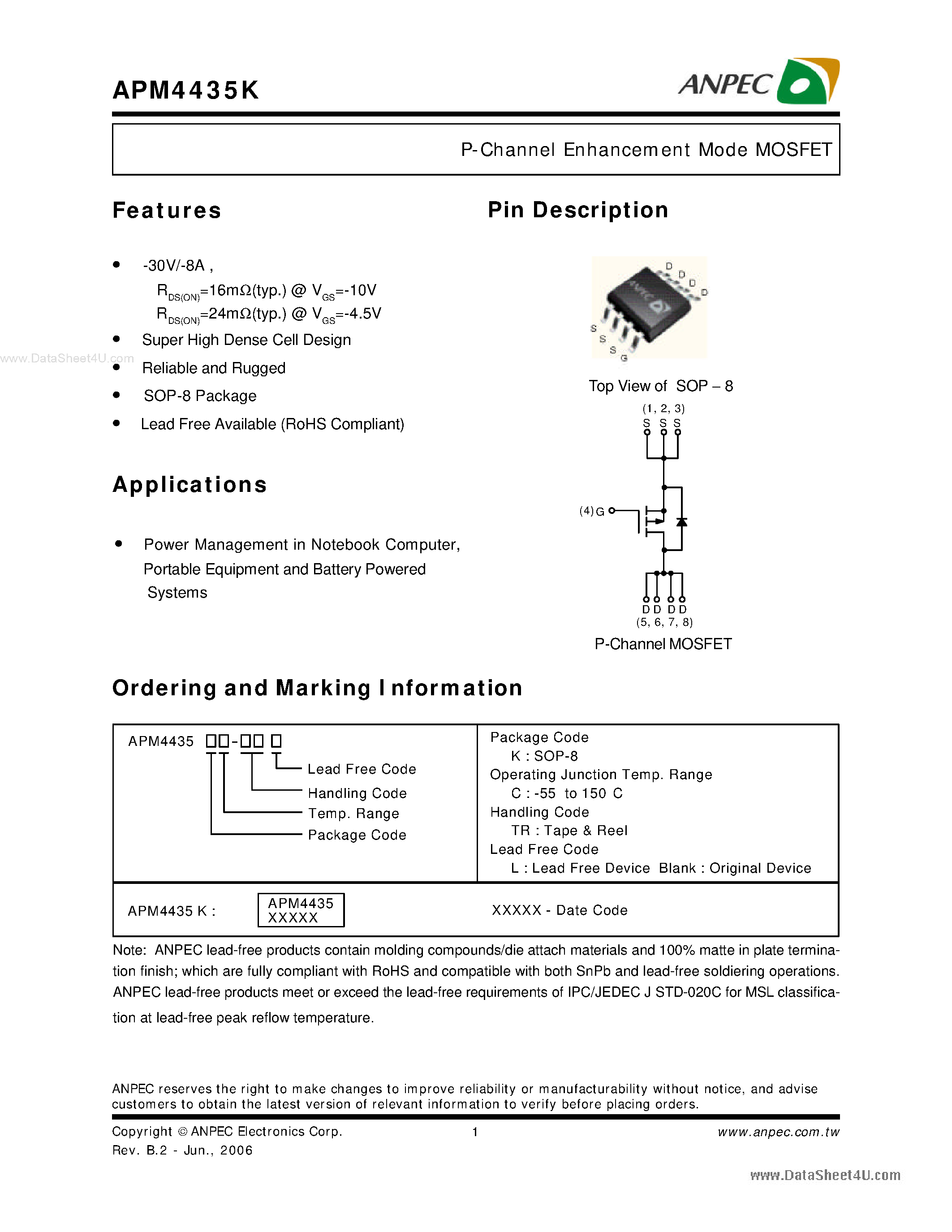 Даташит APM4435K - P-Channel Enhancement Mode MOSFET страница 1