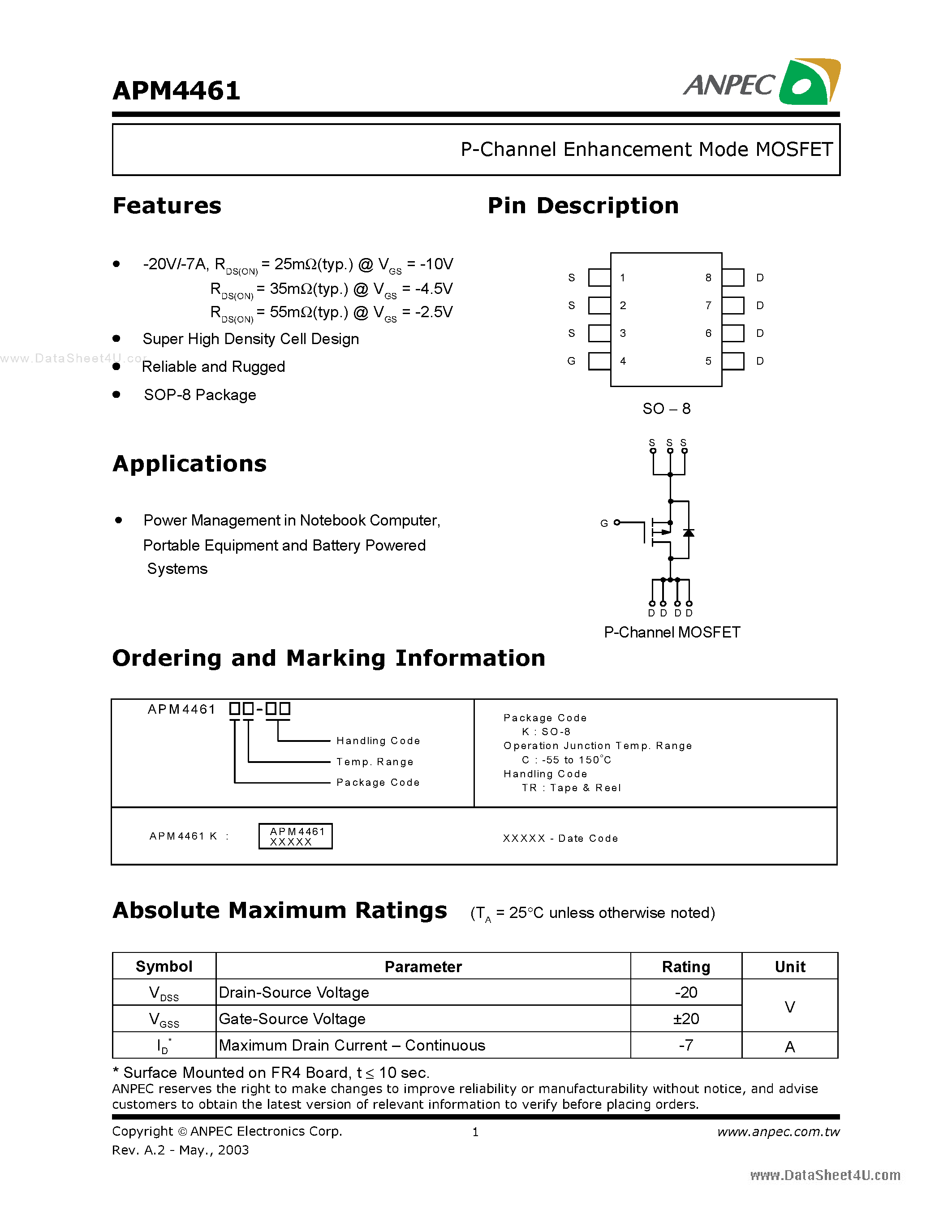 Даташит APM4461 - P-Channel Enhancement Mode MOSFET страница 1