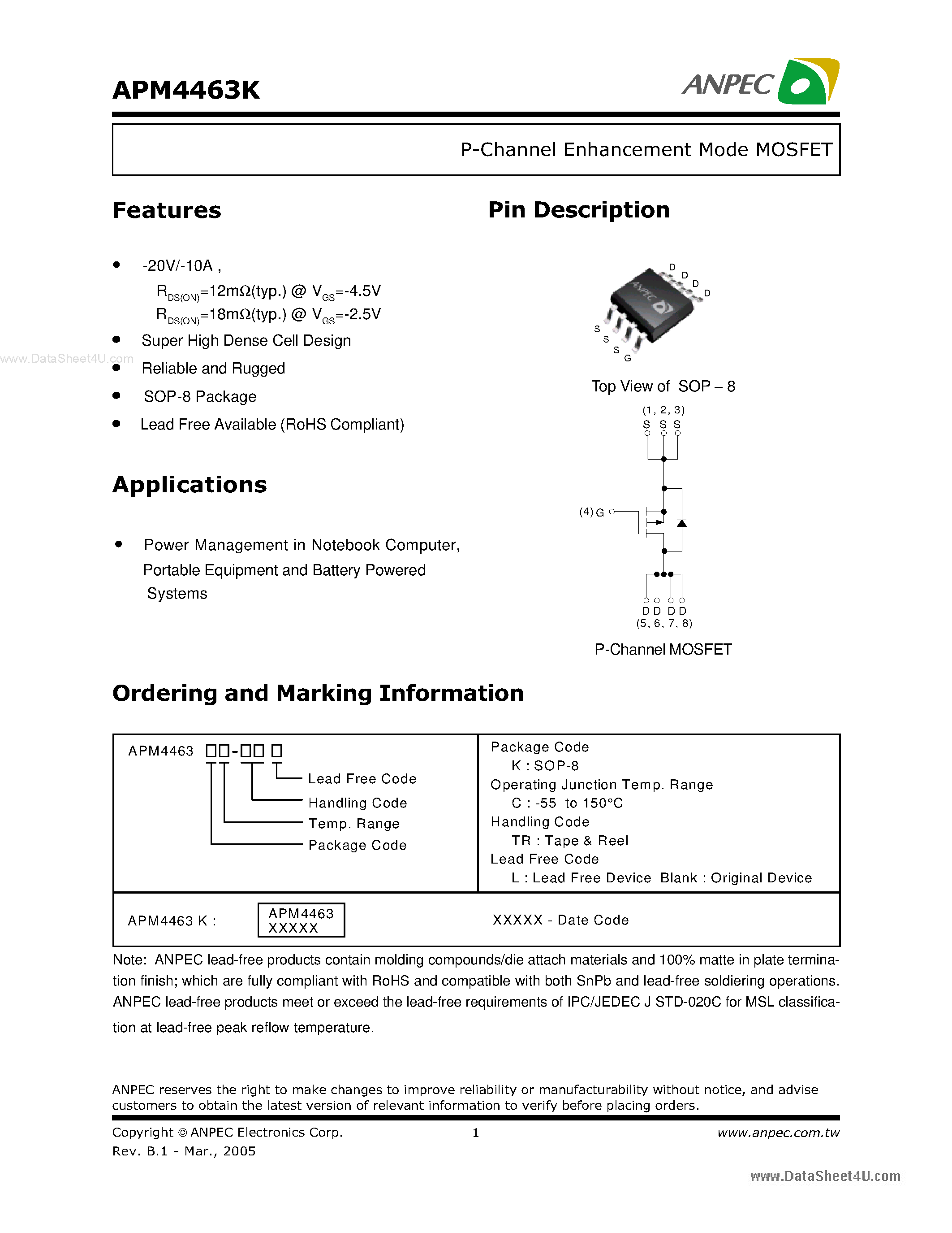 Даташит APM4463K - P-Channel Enhancement Mode MOSFET страница 1