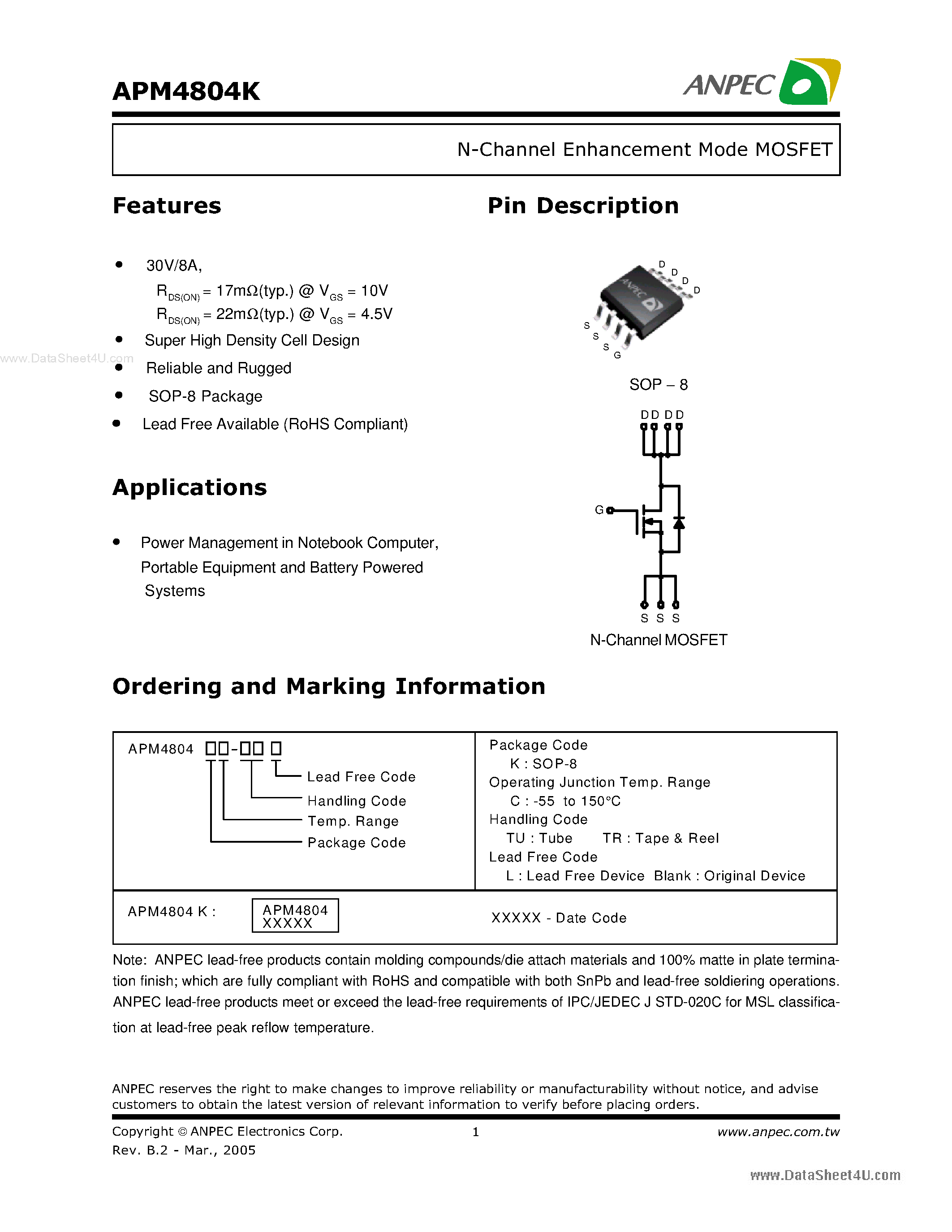 Datasheet APM4804K - N-Channel Enhancement Mode MOSFET page 1