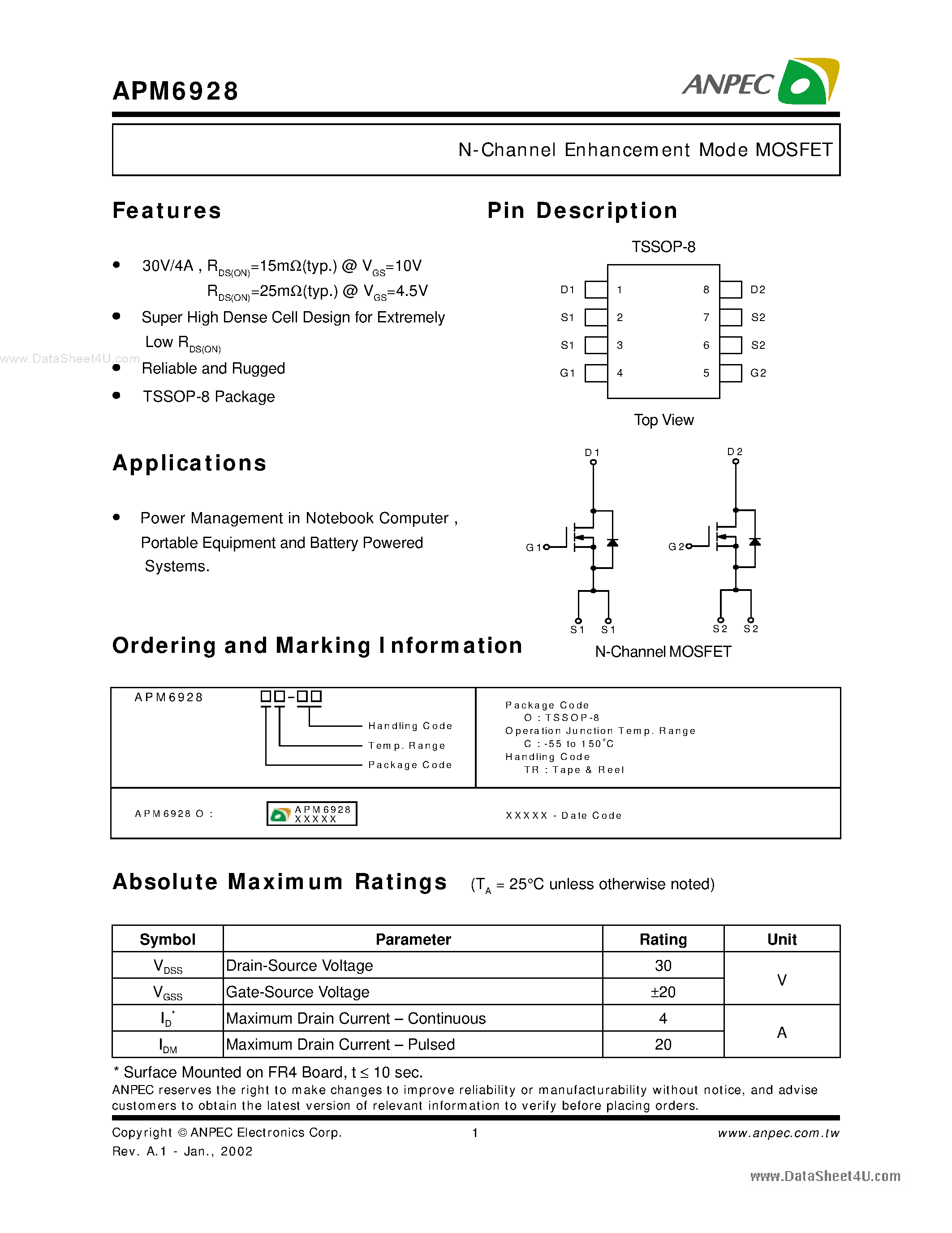 Datasheet APM6928 - N-Channel Enhancement Mode MOSFET page 1