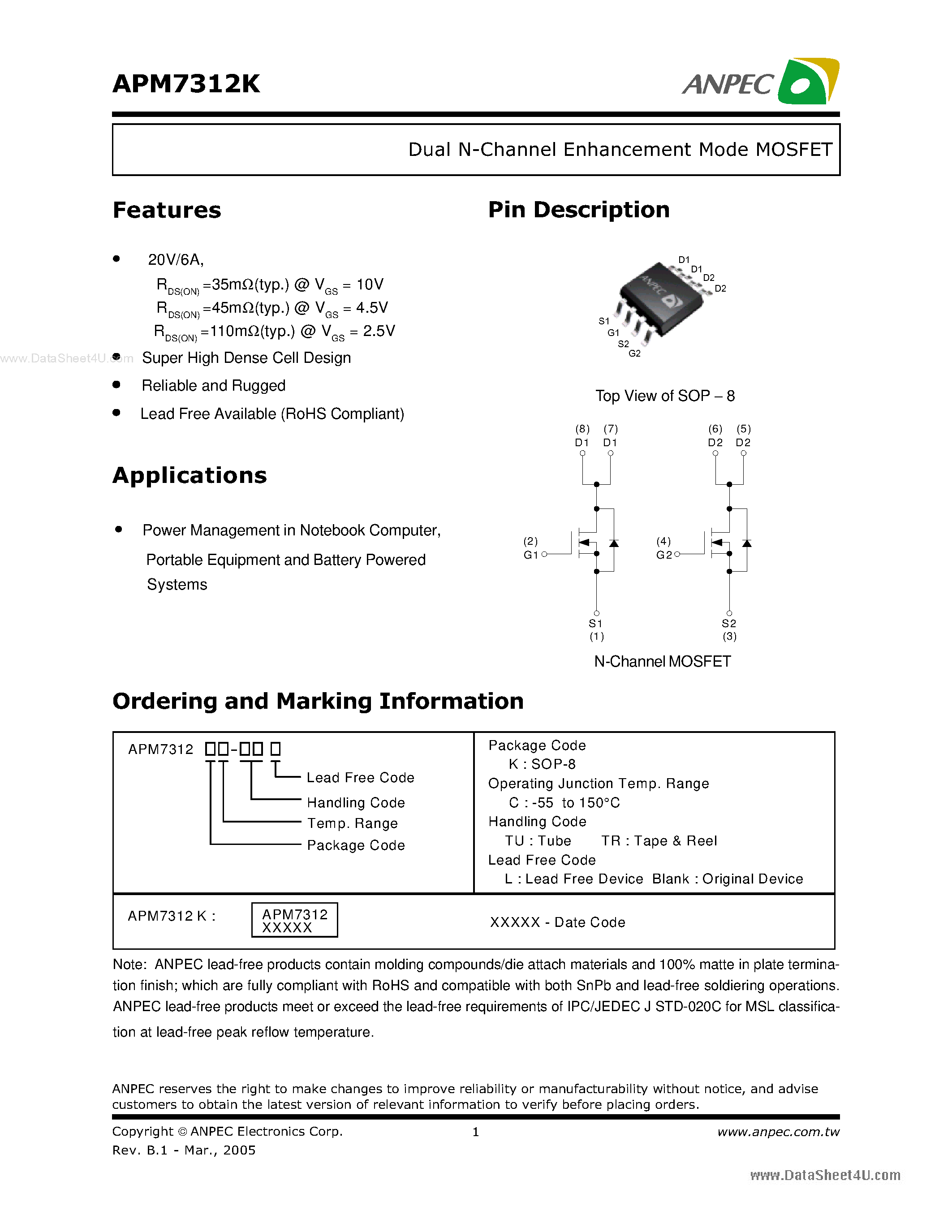 Даташит APM7312K - Dual P-Channel Enhancement Mode MOSFET страница 1