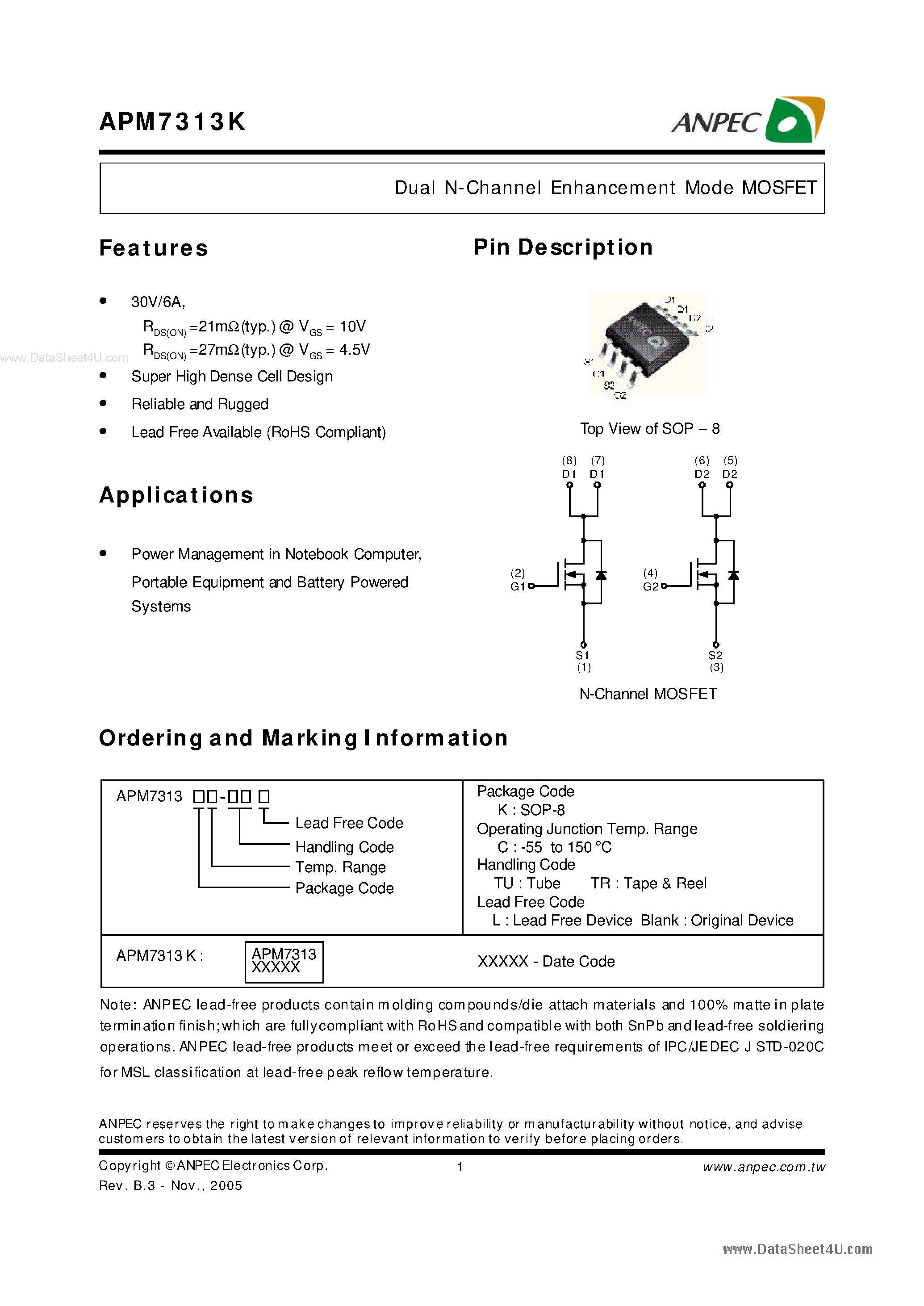 Datasheet APM7313K - Dual N-Channel Enhancement Mode MOSFET page 1