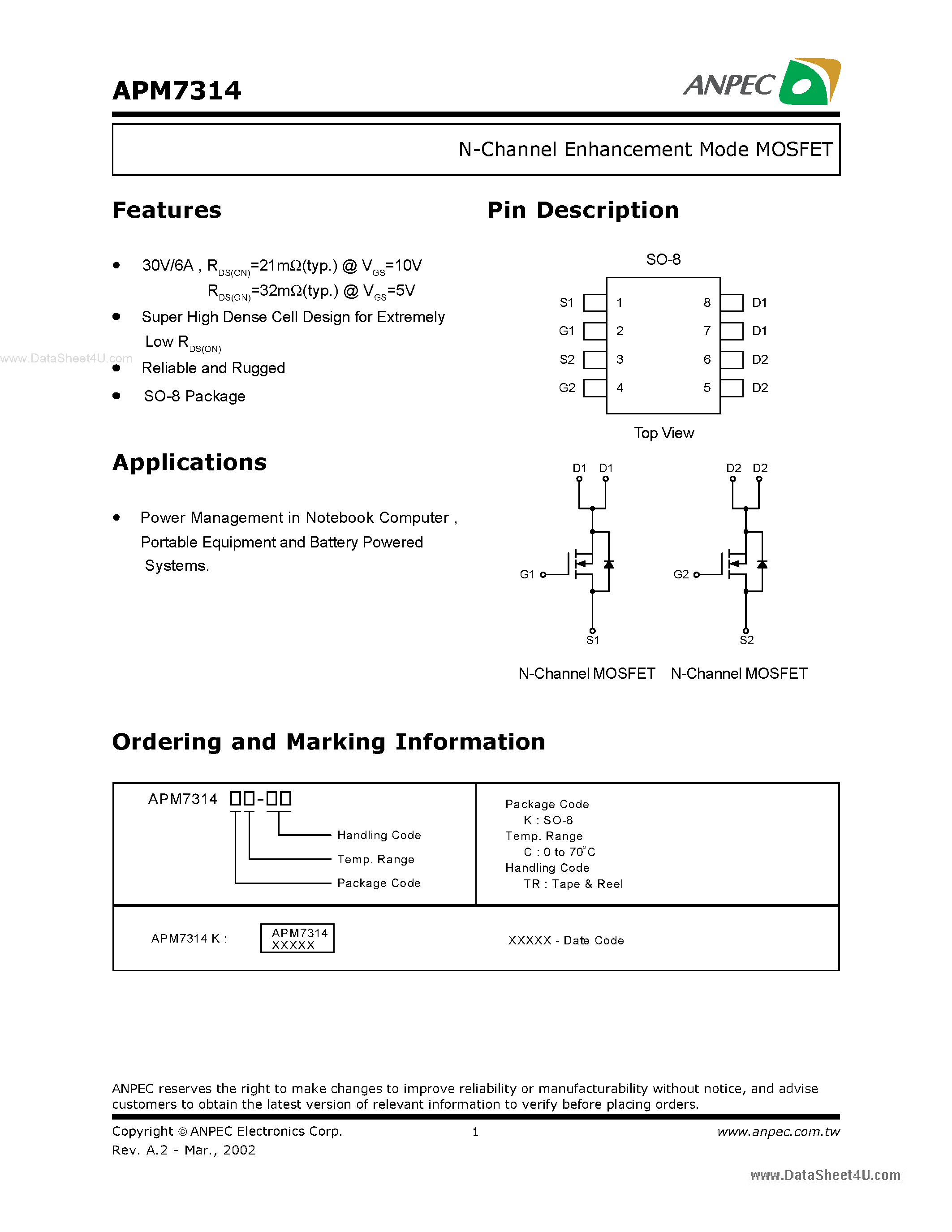 Datasheet APM7314 - N-Channel Enhancement Mode MOSFET page 1