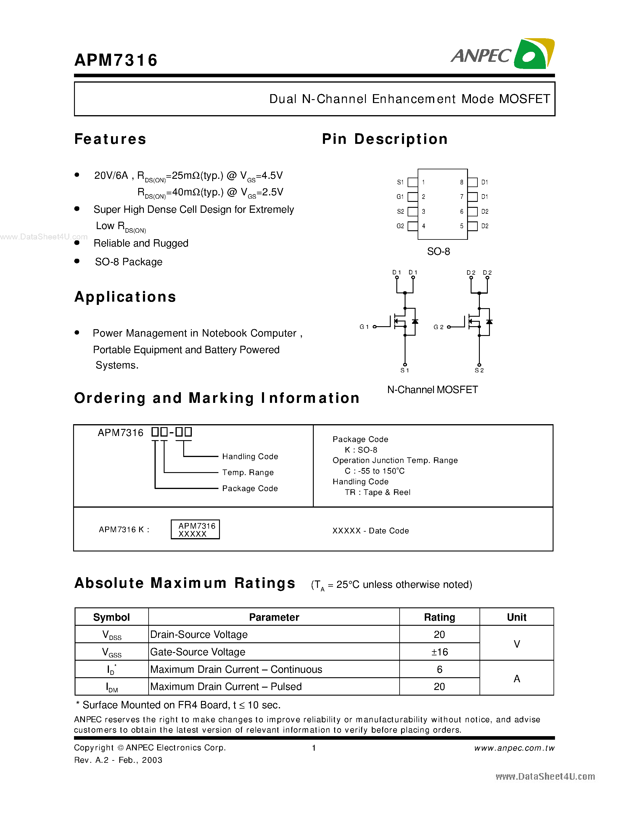 Datasheet APM7316 - Dual N-Channel Enhancement Mode MOSFET page 1