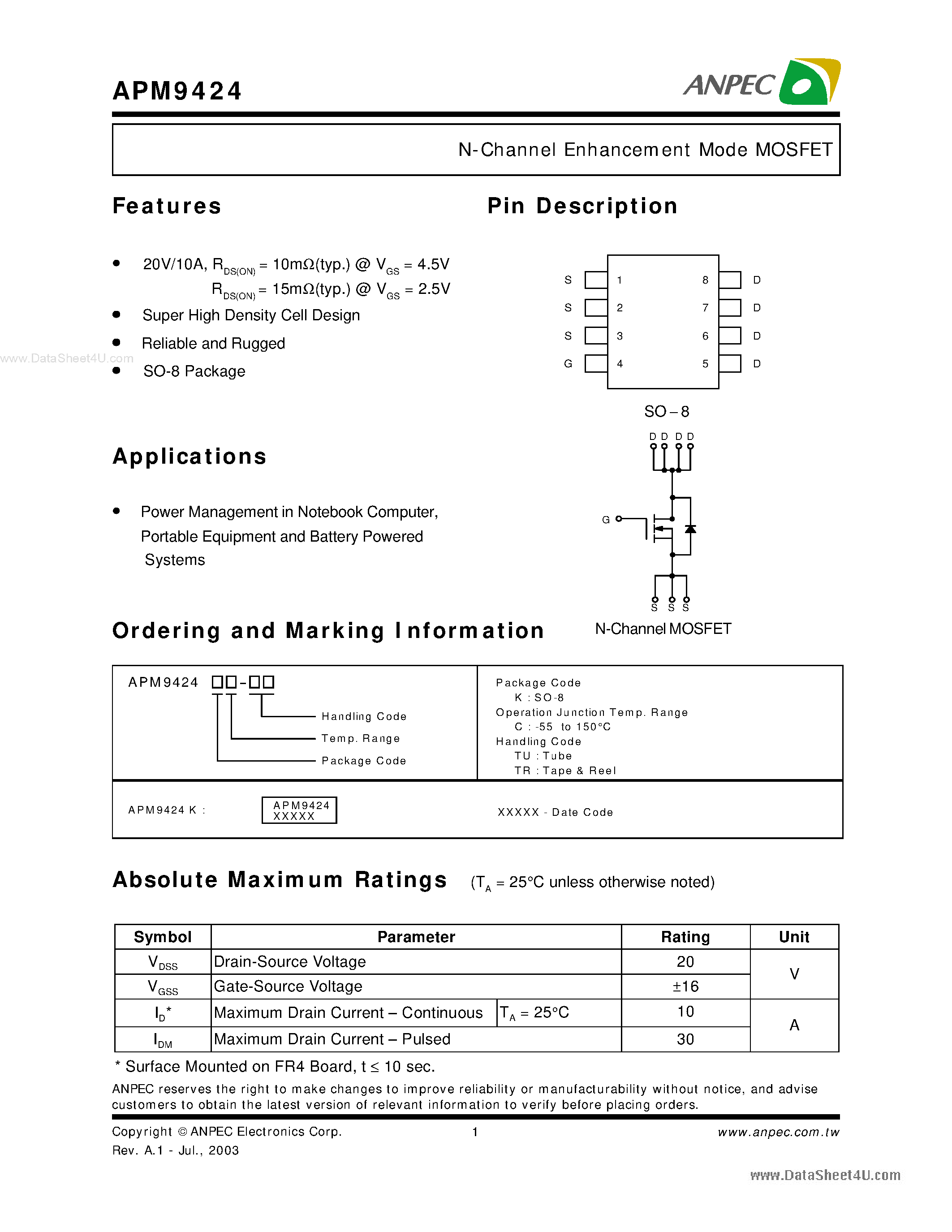 Datasheet APM9424 - N-Channel Enhancement Mode MOSFET page 1
