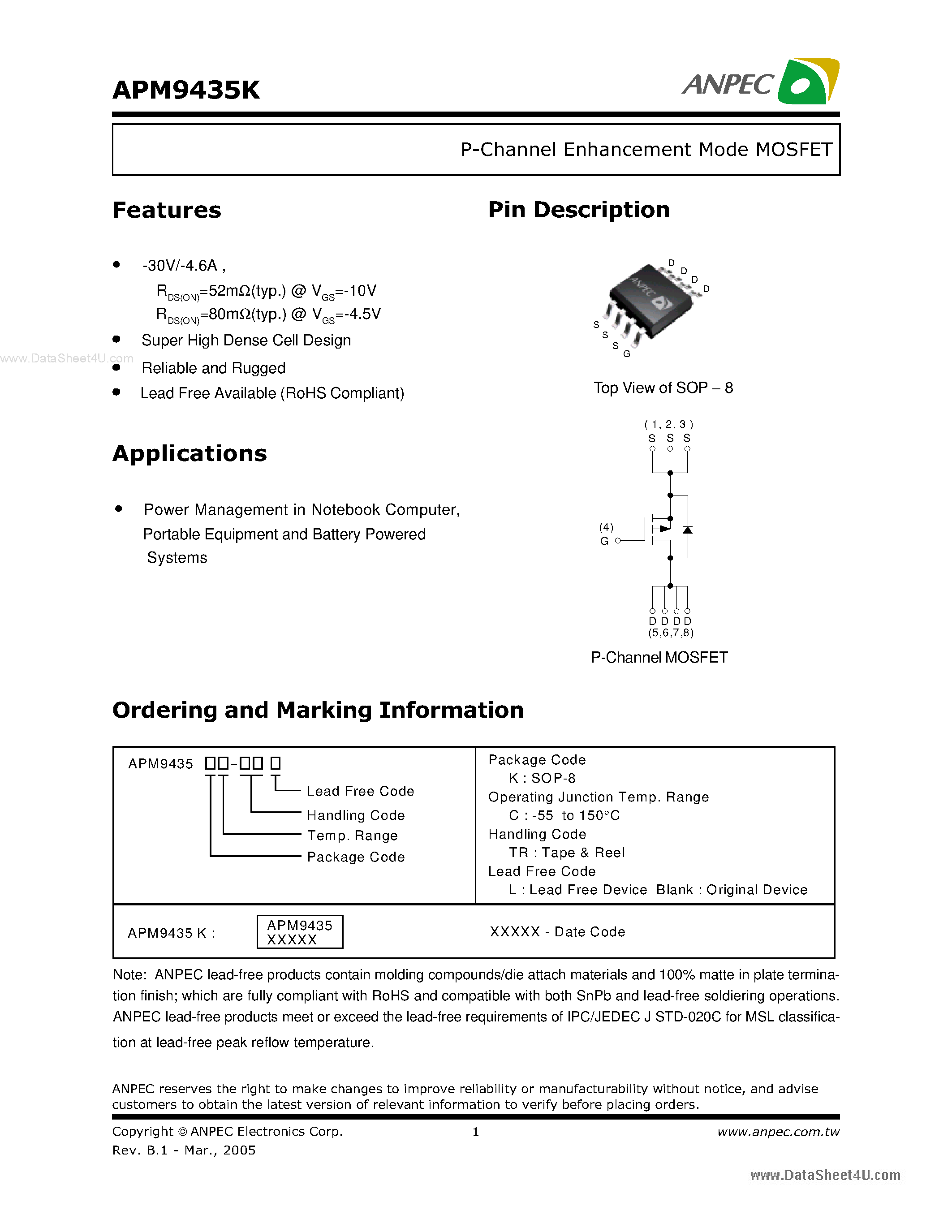 Datasheet APM9435K - N-Channel Enhancement Mode MOSFET page 1
