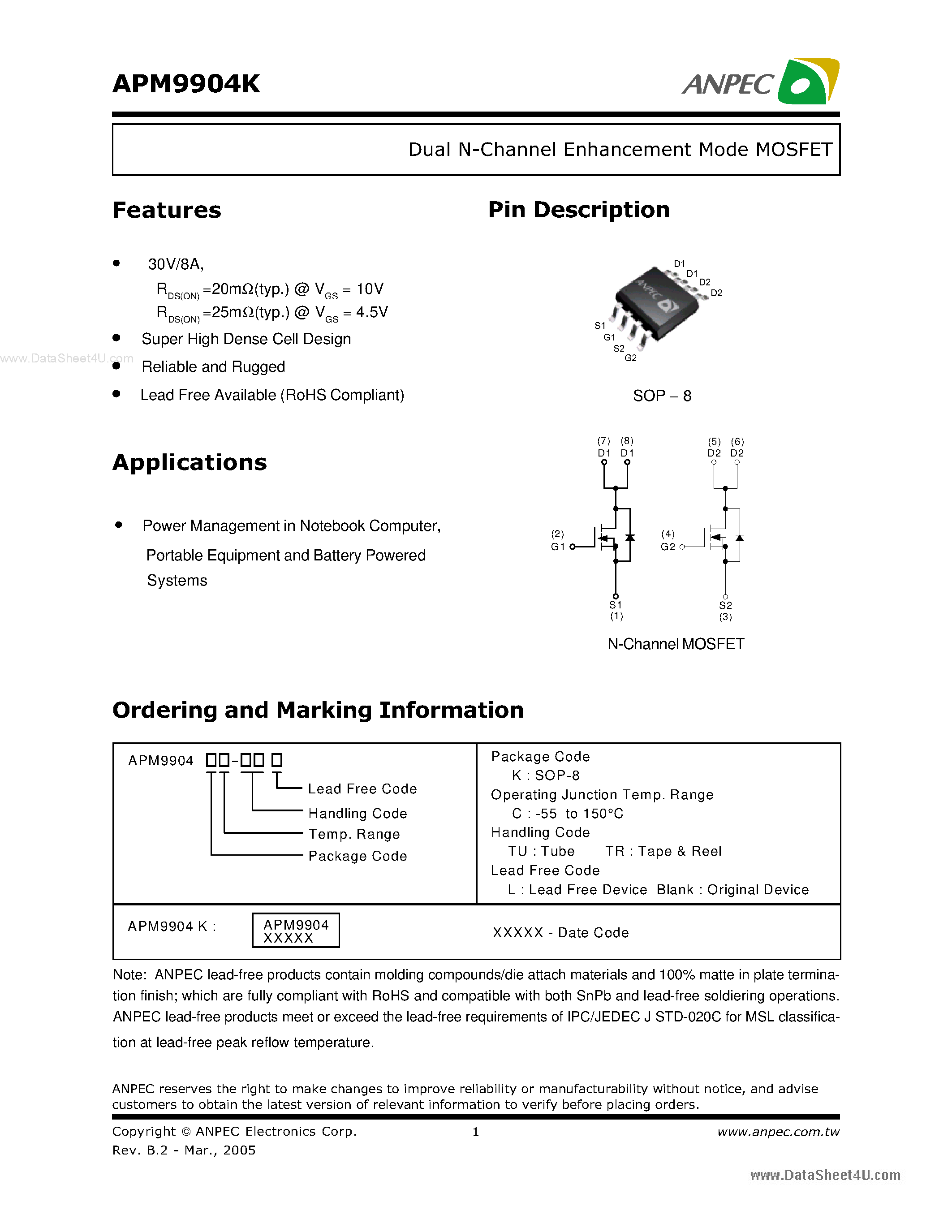 Datasheet APM9904K - Dual N-Channel Enhancement Mode MOSFET page 1
