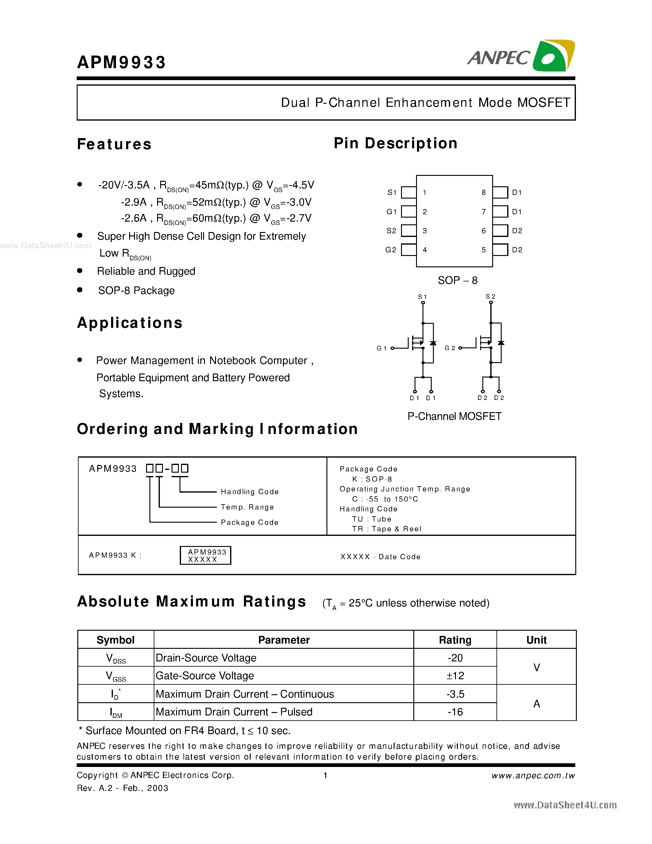 Даташит APM9933 - Dual P-Channel Enhancement Mode MOSFET страница 1